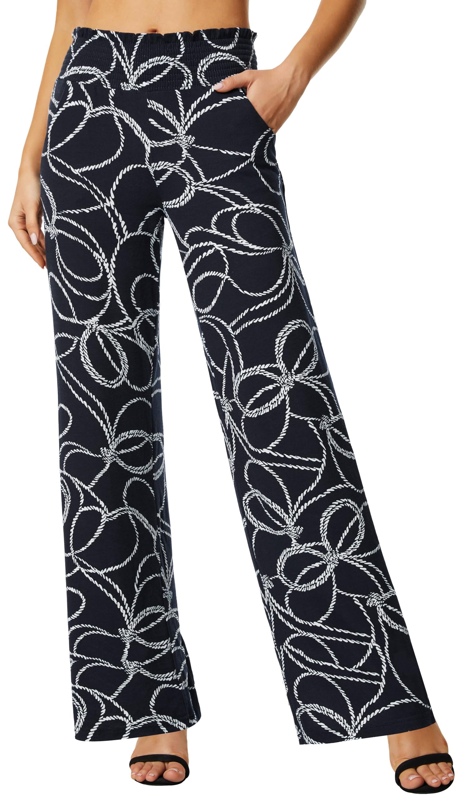 EXCHIC Pantalon décontracté à jambes larges pour femme - Imprimé floral - Pantalon de détente - Pantalon bohème extensible