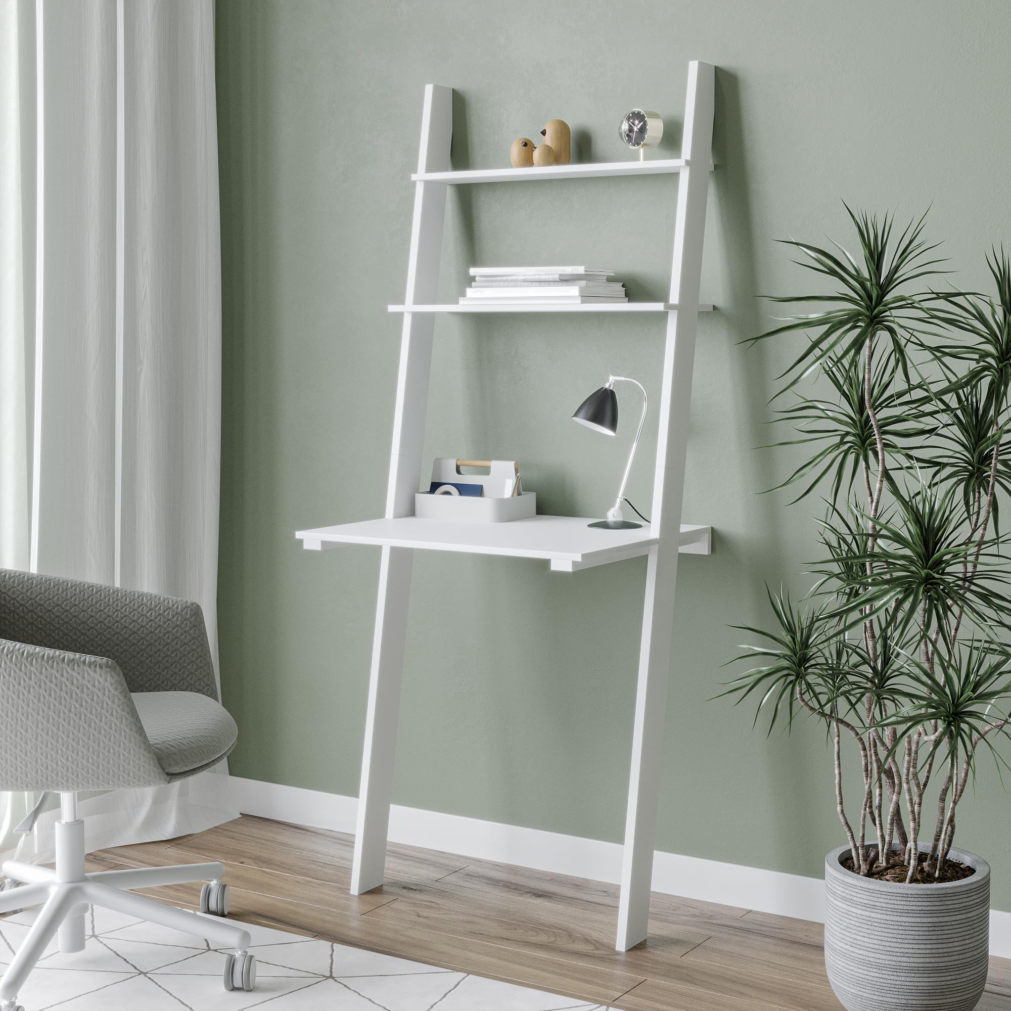 URBNLIVING White Or Grey Ladder Desk 2 Shelf Wooden Bedroom Computer Table Work Office Unit (White)
