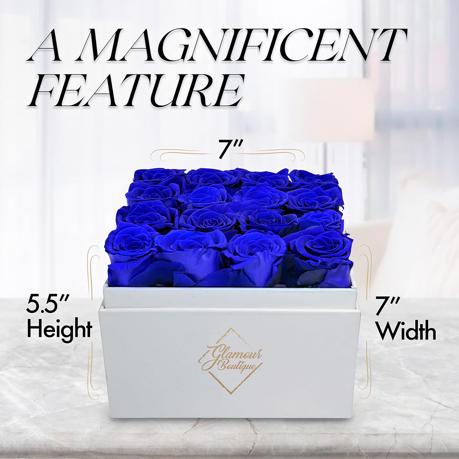 GLAMOUR BOUTIQUE Preserved Roses in a Box - Gifts for Her, Wife & Mom, Rose Flowers Forever Decor for Birthday Gift, Get Well Flower Bouquet Cased in White Box with Cover, Sapphire, 16 (Color-Treated) - Image 6