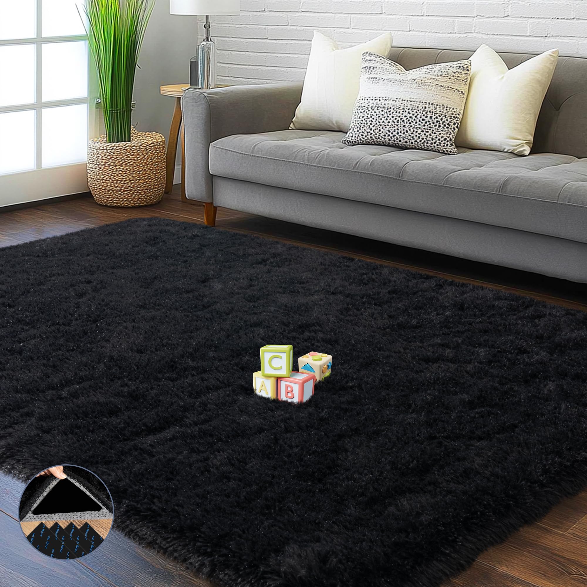 AAFKK Black Area Rug for Bedroom, 4x6 Rugs for Living Room Nursery Kids Room Dorm Home Decor Aesthetic, Fluffy Shaggy Rug with 4 Anti-Slip Carpet
