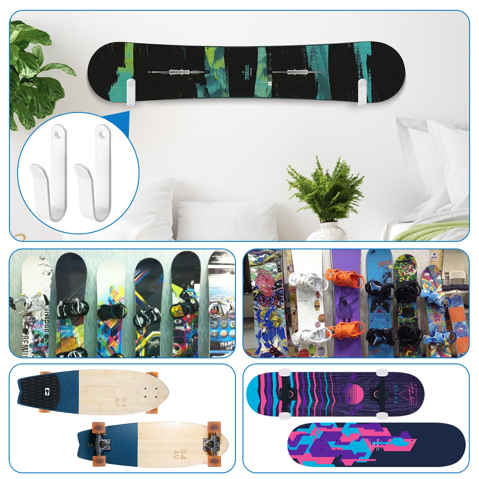4 Stück Snowboard Wandhalterung,Horizontal Skateboard Wandhalterung mit Schrauben für Snowboard, Skiboard, Longboard, Skateboard (Weiß)