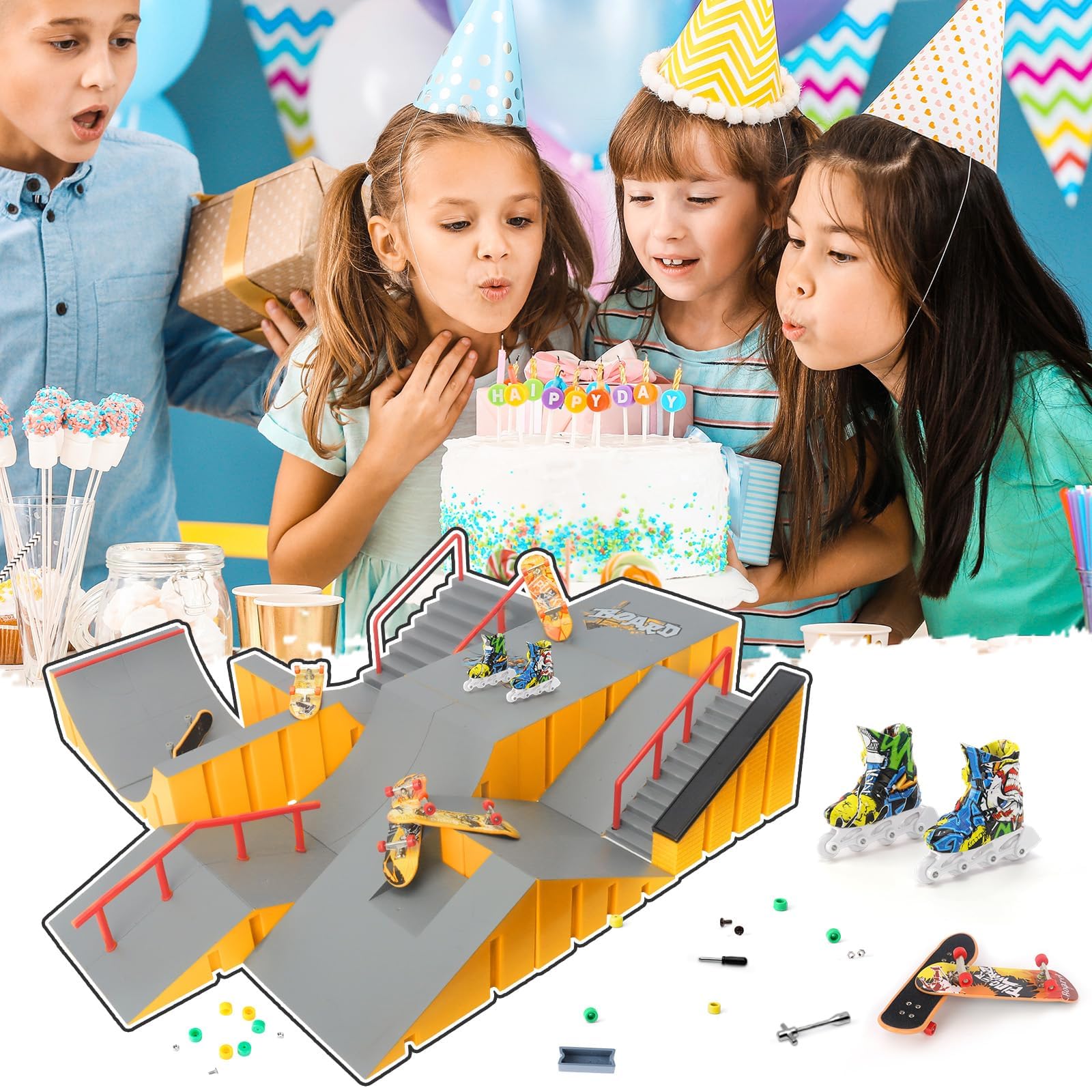 Tlater Finger Skateboard Park Kit Mini Finger Skateboard Rampa Kit DIY Montaje Diapasón Patineta Parque para Niños Regalo de Cumpleaños Amarillo 14 - en 1