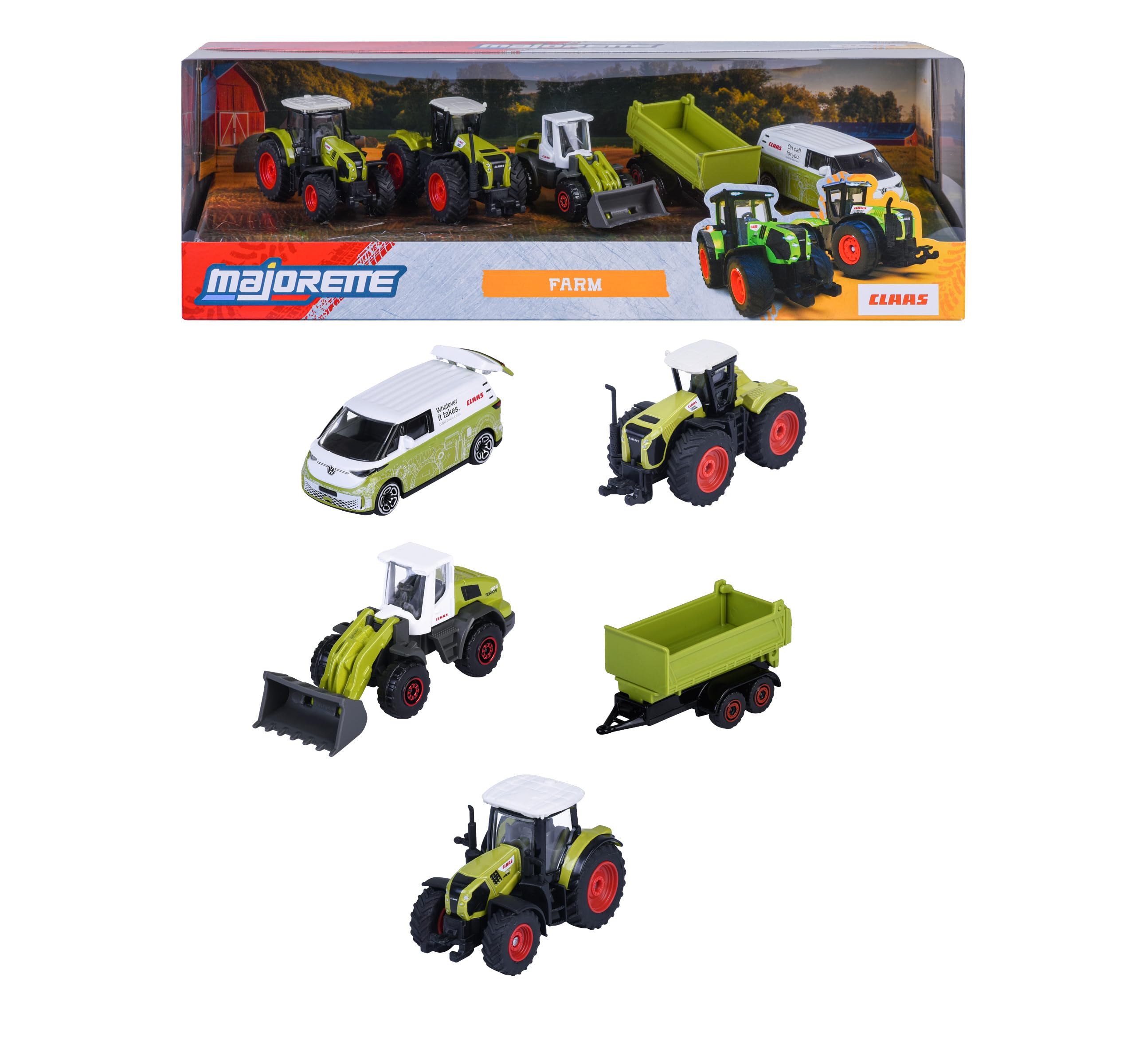 Majorette, Vehículos de Granja Claas, Giftpack Set 5 de vehículos, Metal, Escala 1:64, 7,5 cm, Rueda Libre, Caja Decorada,3 años (8503105002)