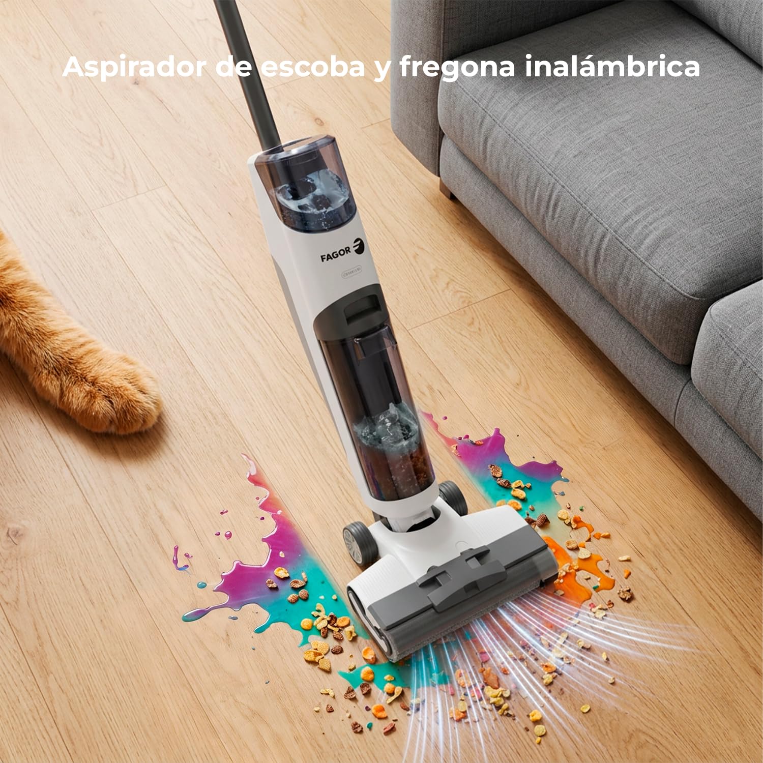 Aspiradora sin Cable 2 en 1 Aspira y Friega, Aspirador Escoba Inalámbrico para Hogar, Limpieza Rápida en Seco y Húmedo, 30 min Autonomía, Depósito Agua Separado, FAGOR Ares Vortex Duo