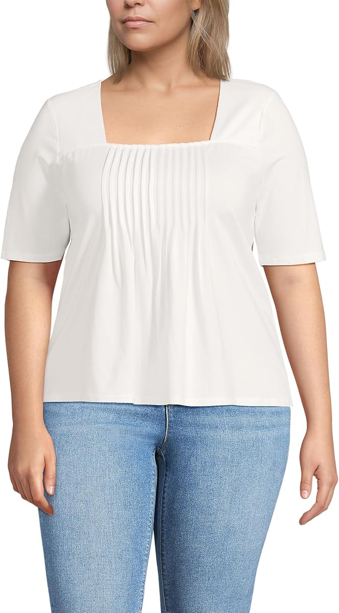 Women's Elbow Sleeve Lightweight Jersey Pintuck Square Neck Top