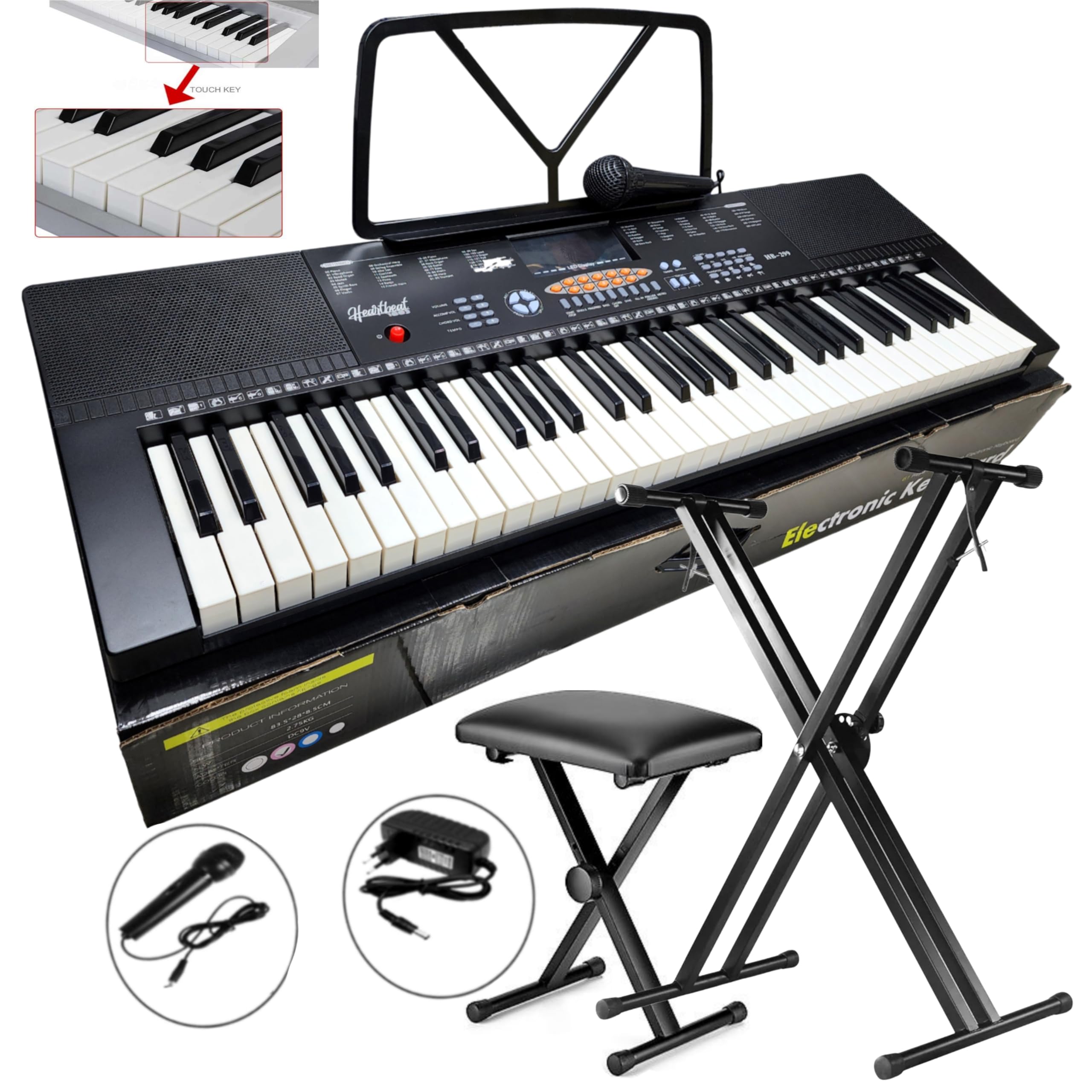61 Key Portable Electronic Keyboard Piano Full Size Keys,LCD,Headphones,double X-Stand,Stool bench,Music Sheet Stand,Microphone,Built-In Speakers (HB-299 Black withStand & Seat)