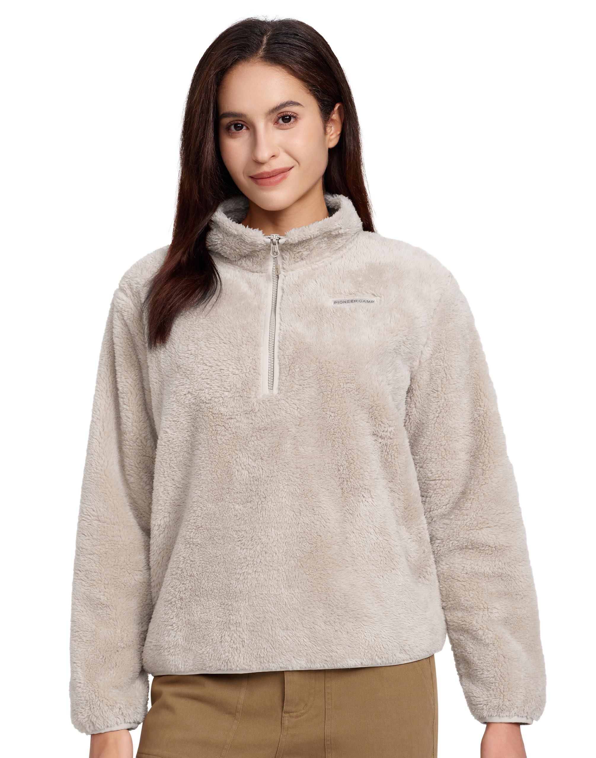 Pioneer Camp Fleece Pullover für Damen mit Stehkragen, Half-Zip Sweatshirt Langarm aus Baumwolle, Weicher Sport Pullover ohne Kapuze, Übergangsjacke Herbst Winter