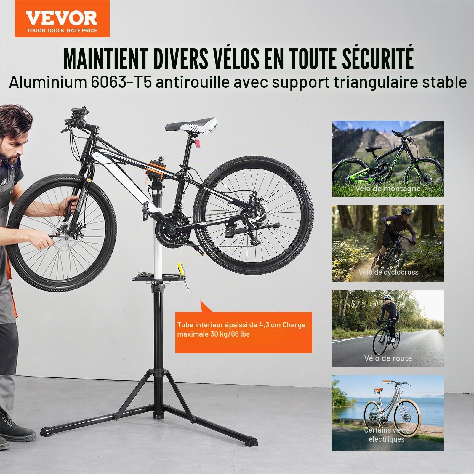 VEVOR Pied d'Atelier Vélo Pliable Charge 30 kg Support de Réparation de Vélo Aluminium Réglable en Hauteur Pince Pivotant 360° Stand de Bicyclettes avec Plateau à Outils Réparation Vélos Électriques