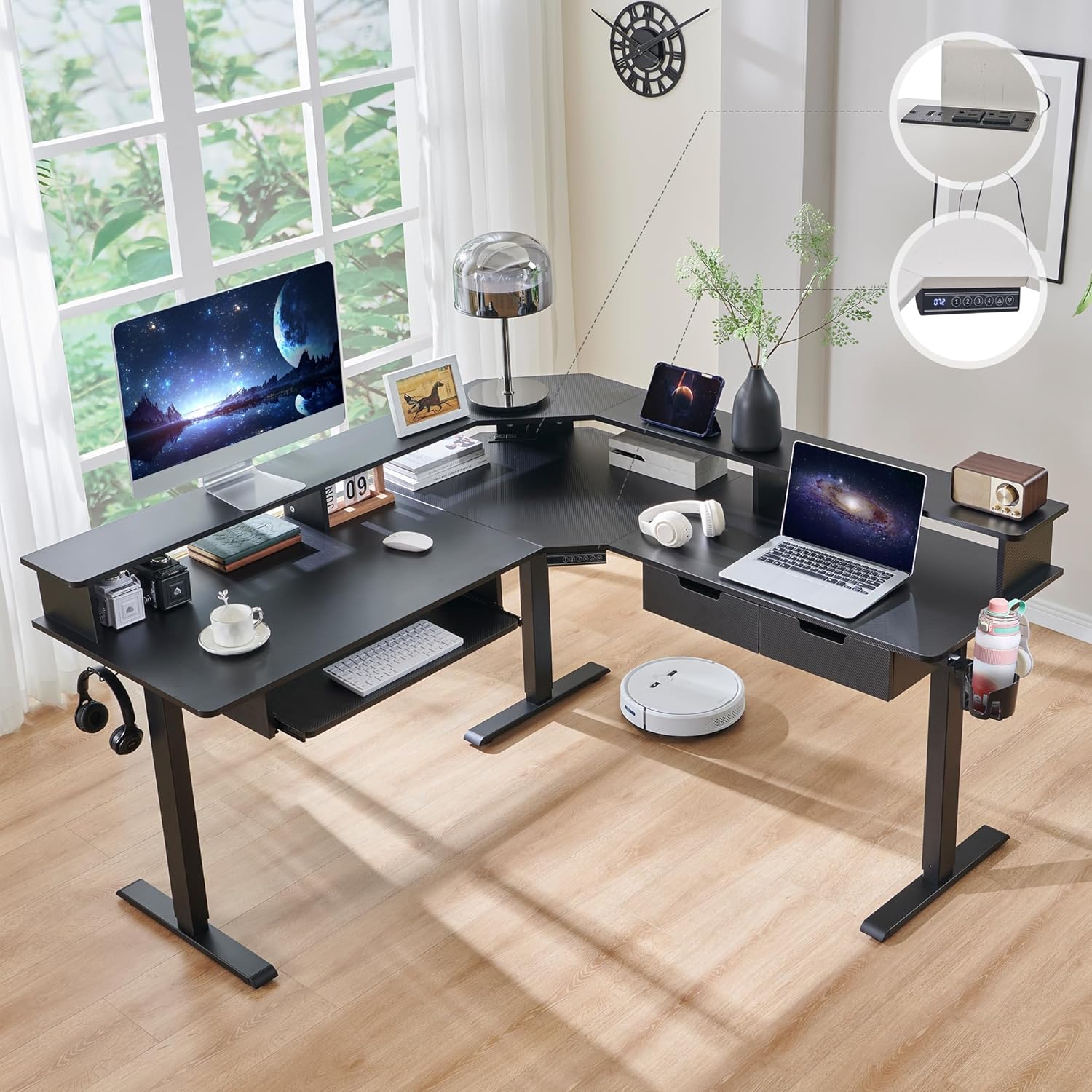 RedLemon 60" L-Shaped Electric Standing Desk: Height Adjustable Corner Gaming Desk w/ Drawers, Power Outlets, RGB LED Lights & Monitor Shelf - Carbon Fiber Black
