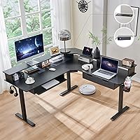 RedLemon 60" L-Shaped Electric Standing Desk: Height Adjustable Corner Gaming Desk w/ Drawers, Power Outlets, RGB LED Lights & Monitor Shelf - Carbon Fiber Black