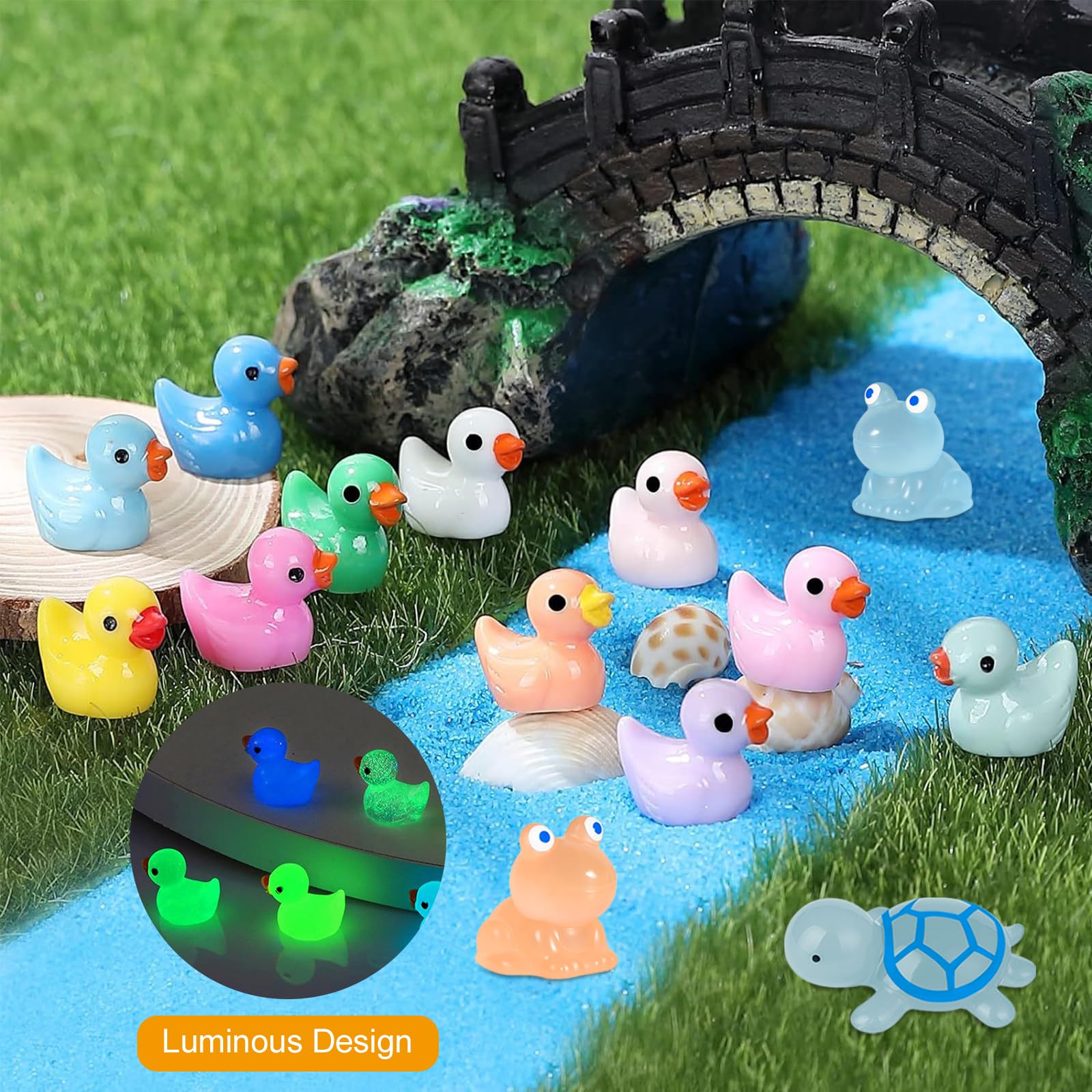 Mini figurki z żywicy, świecące w ciemności, małe kaczki, żółwie, żaby, figurki z żywicy, małe mieszane figurki zwierząt do dekoracyjnego ogrodu, miniaturowego krajobrazu, domku dla lalek