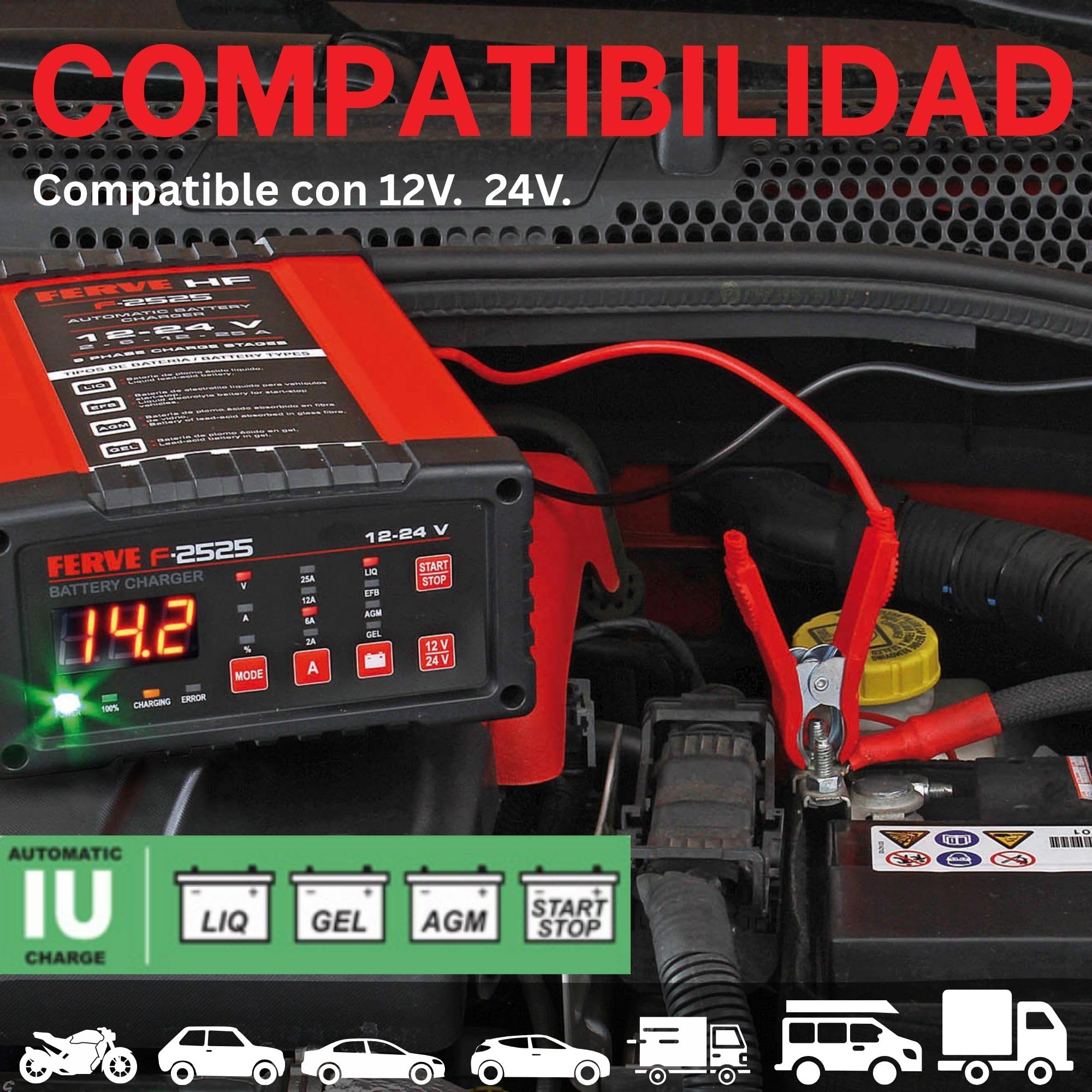 Ferve F-2525 Cargador de Baterías Automático - Mantenedor Inteligente 2-25A 12V/24V – Función Test y Alternador – Tecnología RF – Pantalla LED con Voltímetro y Amperímetro – para Baterías Plomo-Ácido