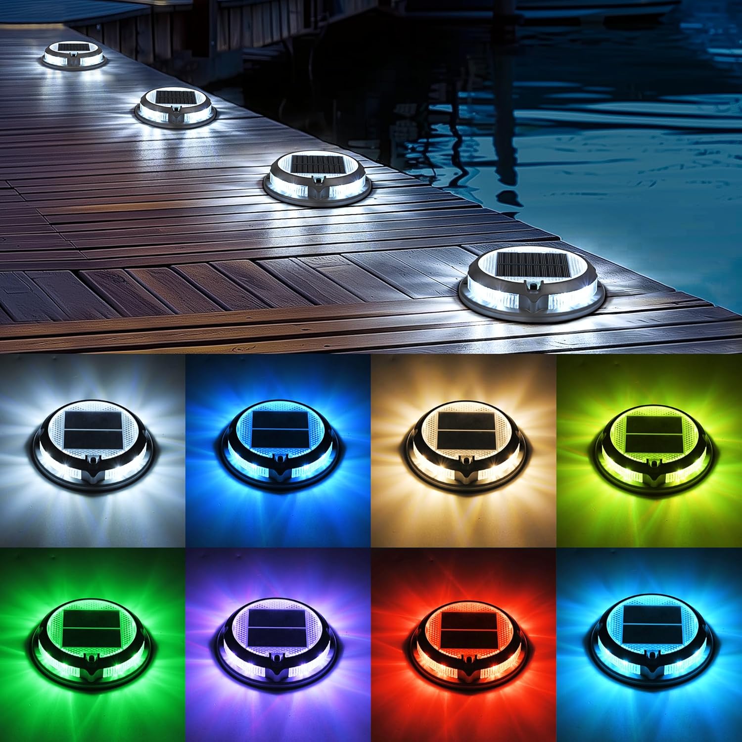 SOLPEX Solar Deck Lights Driveway Dock Lights, Outdoor LED Color Changing Lights Driveway Markers 8 Pack, Solar Pathway Lights Outdoor for Dock Sidewalk Stair Garden Yard