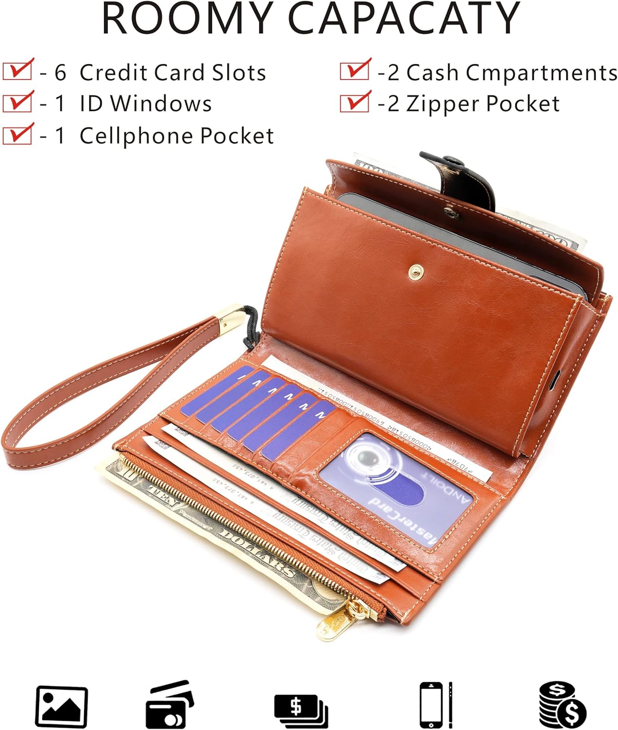 ANDOILT Wallet Women RFID Blocking Genuine Leather Bifold Multi Card Organizer Wristlet Purse Cell Phone Handbag - Image 3