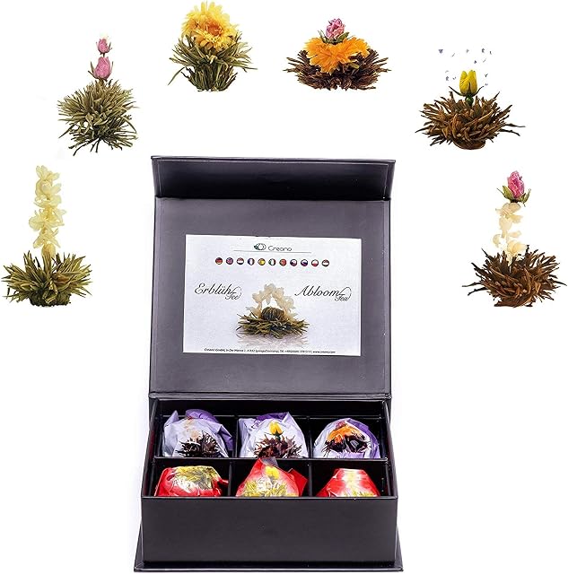 Creano Tea Flowers Mix 6pcs Set AbloomTea "White Tea & Black Tea" in Elegant Magnetic Box with Silver Embossing