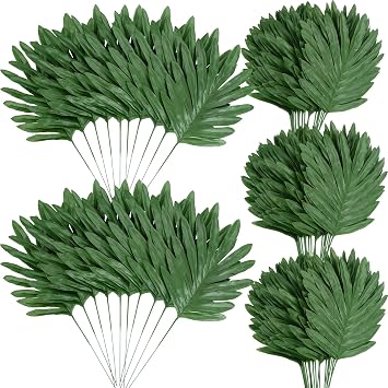 XONOR Artificial Palm Leaves, Fake Tropical Leaves, Faux Palm Leaf with Stem for Jungle Hawaiian Dinosaur Luau Party Table Decoration Wedding Birthday Theme Party Decoration 80Pcs, 12.8