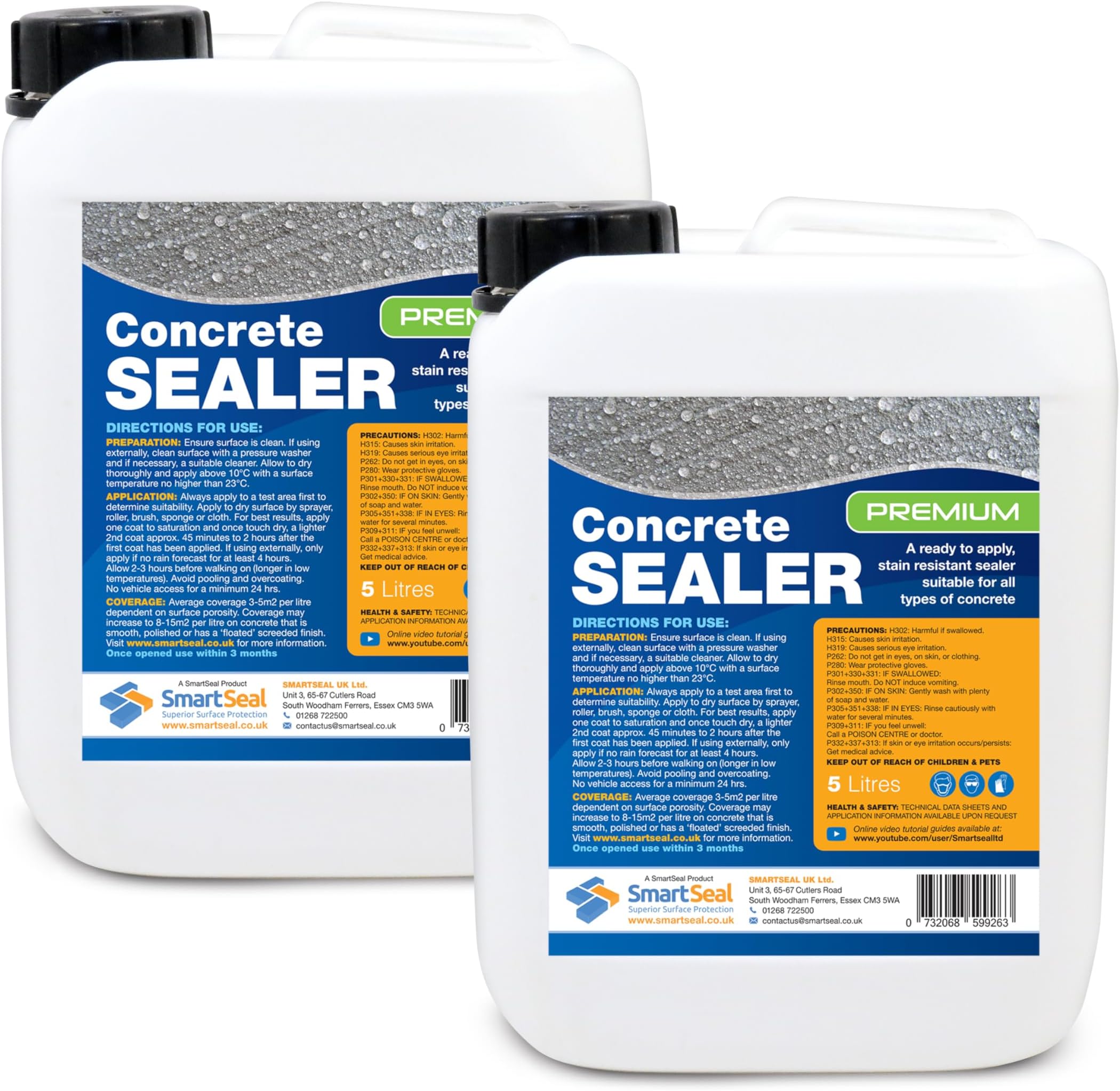 Premium Concrete Sealer - Easy to Apply, High Protection, Oil & Water Repellent, Food Safe. Suitable for All Surfaces - 2 x 5L