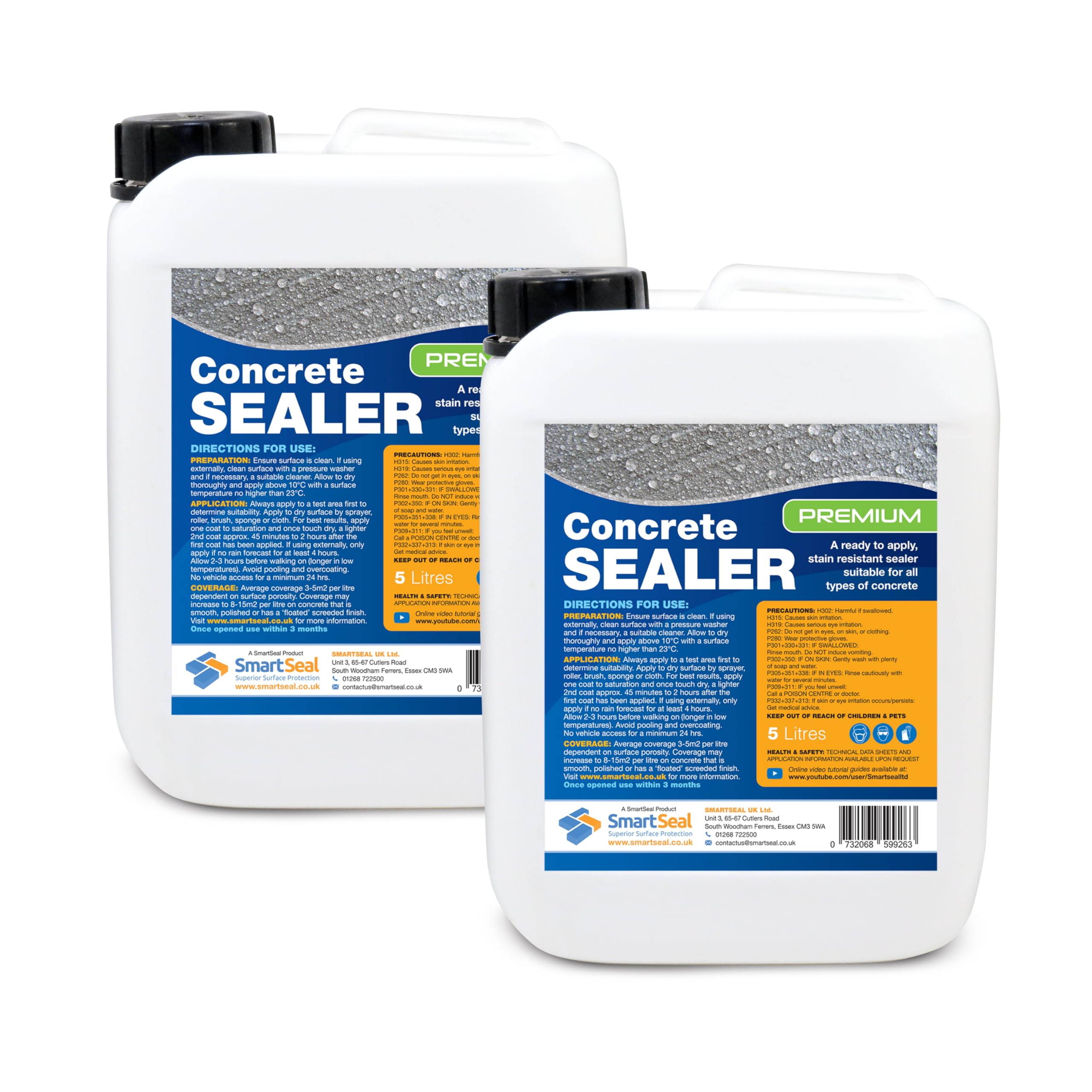 Smartseal Premium Concrete Sealer - Easy to Apply, High Protection, Oil & Water Repellent, Food Safe. Suitable for All Surfaces - 2 x 5L