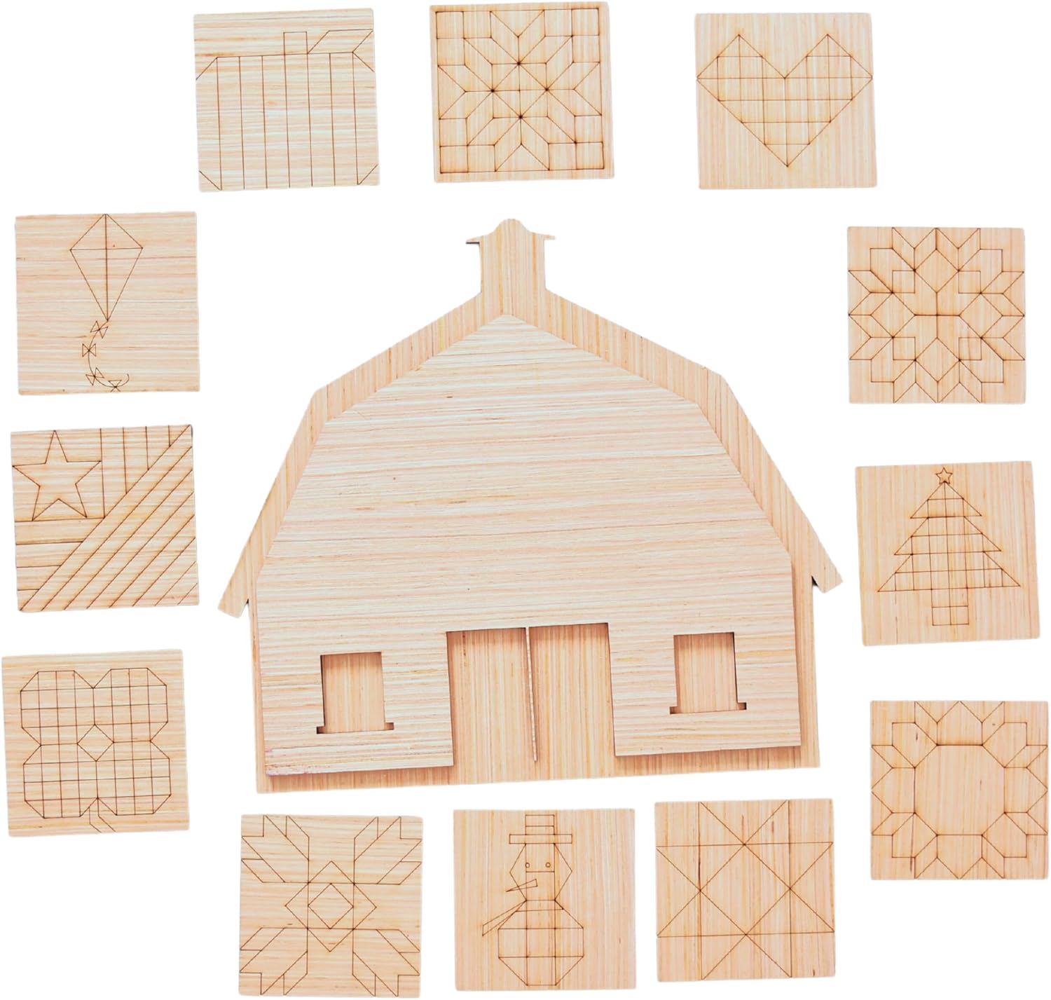 Barn with Wooden Quilt Square Design Cutout Unfinished Wood Shape Style, Interchangeable Sign and Wreath Kit Quilting Blocks