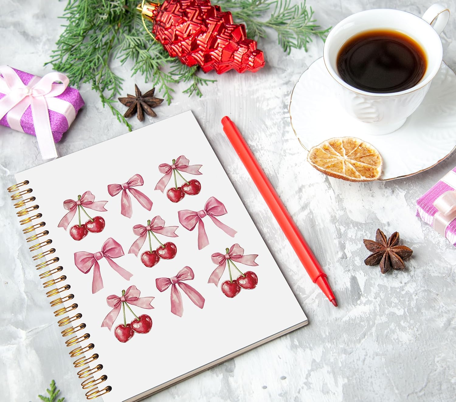 Coquette Pink Bow Cherry Spiral Notebook 5.5x8.3, Preppy Cherry Journaling Notebooks, Coquette Office Supplies, Aesthetic Girly Notebooks for Note Taking, Preppy Pink Journals for Writing - Image 4