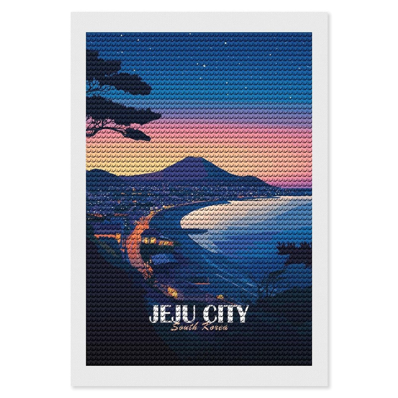 Junmoney Jeju City South Korea at Dusk Diamond Art Canvas 8"x12", for Adults, Printed Canvas, Home Wall Decor, Gift Idea, Mindful Craft Activity