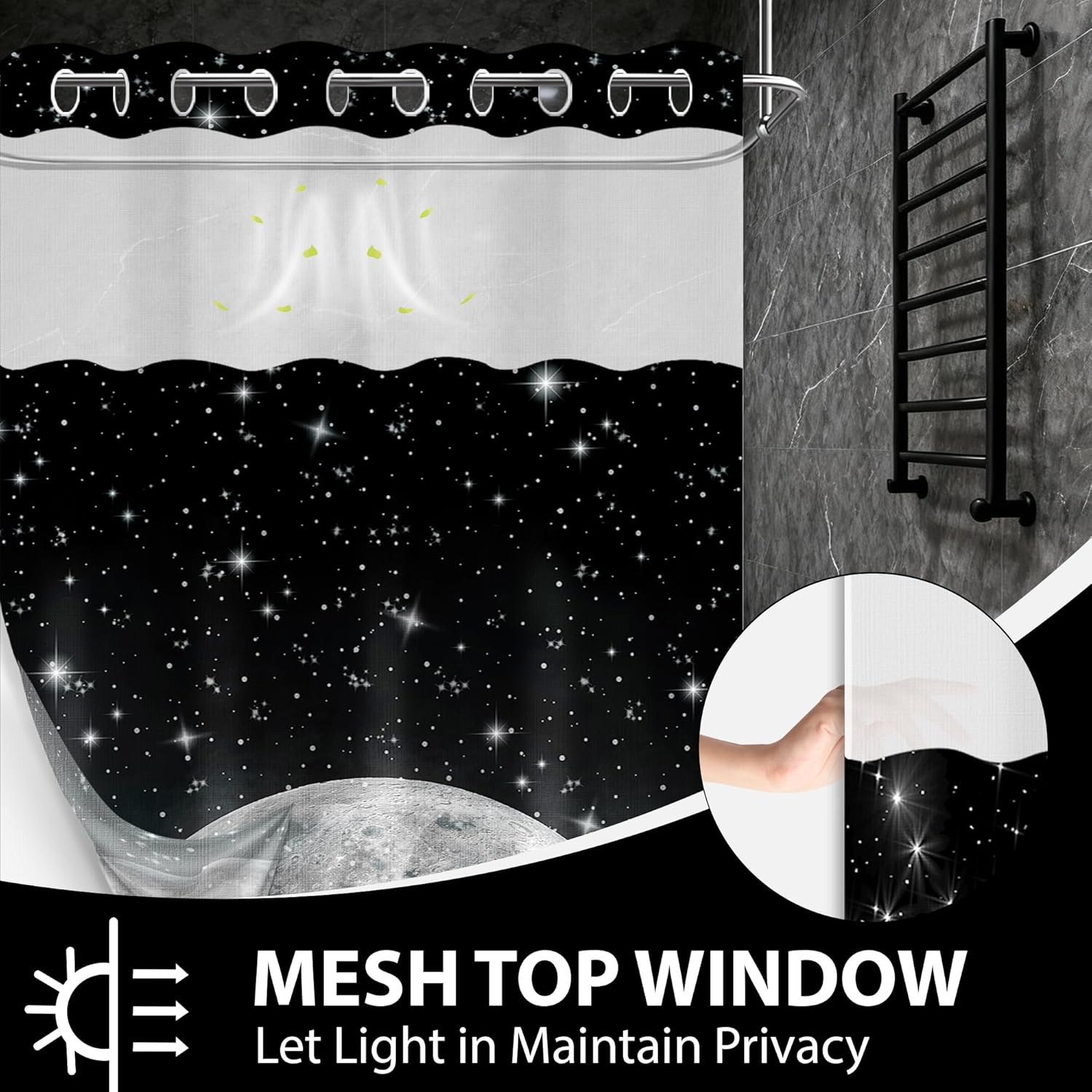 Star Moon Hookless Shower Curtain with Snap in Liner, Space Black and White Watercolor Night Sky Galaxy No Hook Double Layer Shower Curtains and Liner Set, Waterproof Cloth Fabric,71" W X 77" L