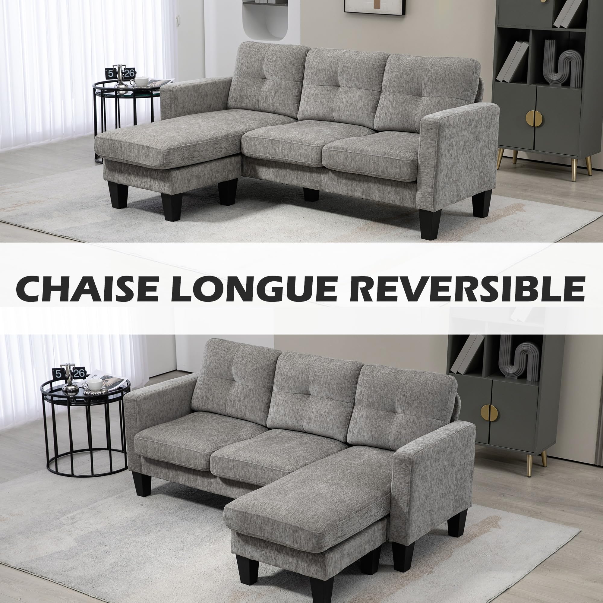 HOMCOM Sofá Chaise Longue Reversible, Sofá de 3 Plazas en Forma de L, Tapizado en Chenilla, Asiento y Respaldo Acolchados, Estructura de Acero, 186x130x84 cm, Marrón Topo