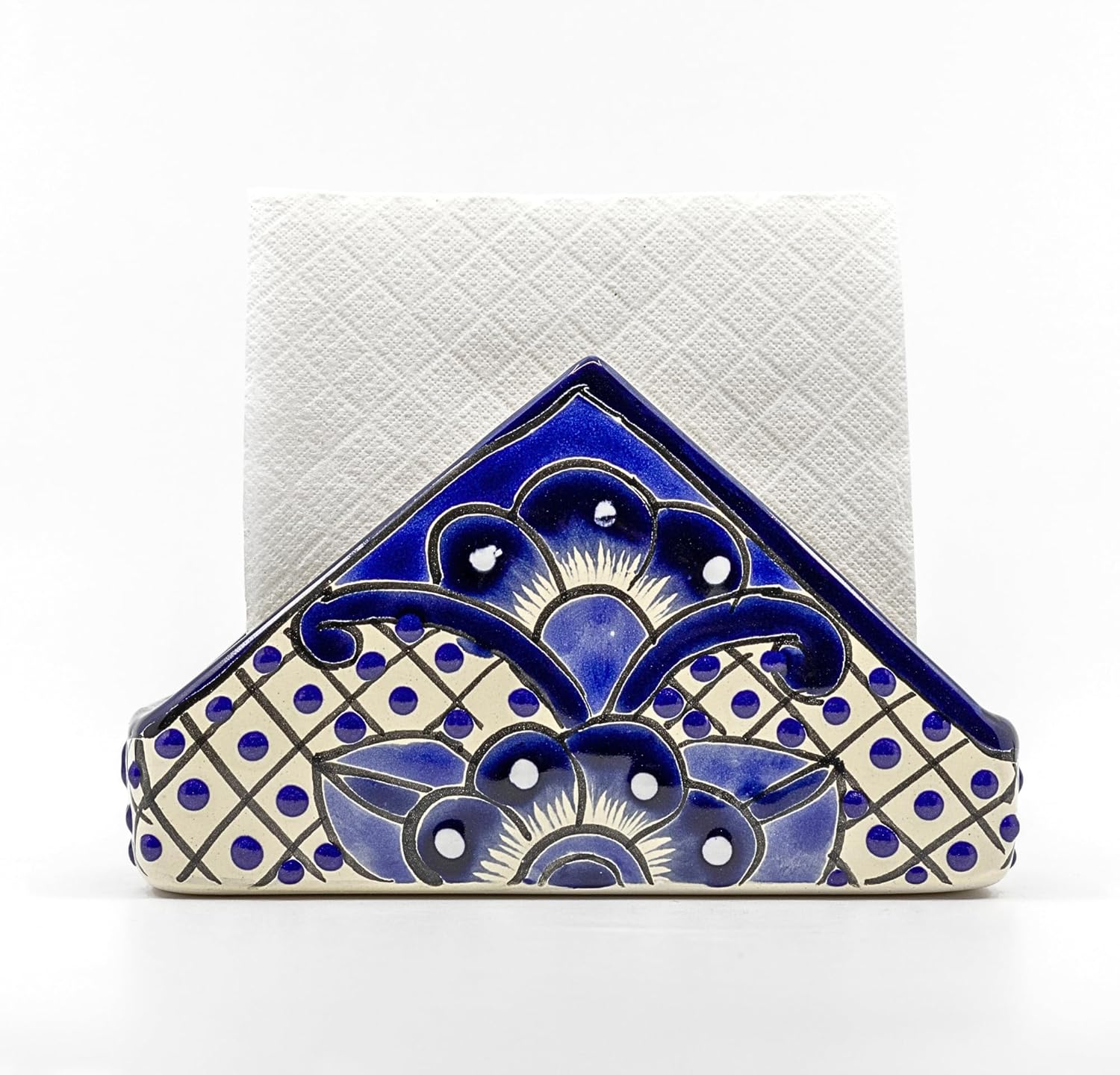 Ceramic Napkin Holder - Authentic Mexican Pottery - for Kitchen Countertop | Dinner Table | Indoor & Outdoor Use Tissue and Letter Holder - Mexican Style Talavera Servilletero (Blue and White)