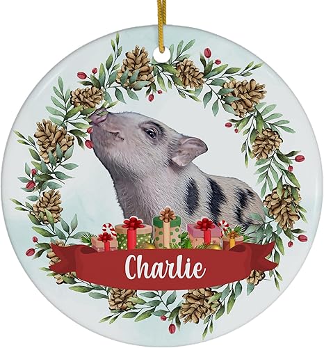 Diseño temático de piñas con mini cerdo Juliana con nombre personalizado, adornos de Navidad 2025 círculo blanco cerámica dueño de mascotas regalos