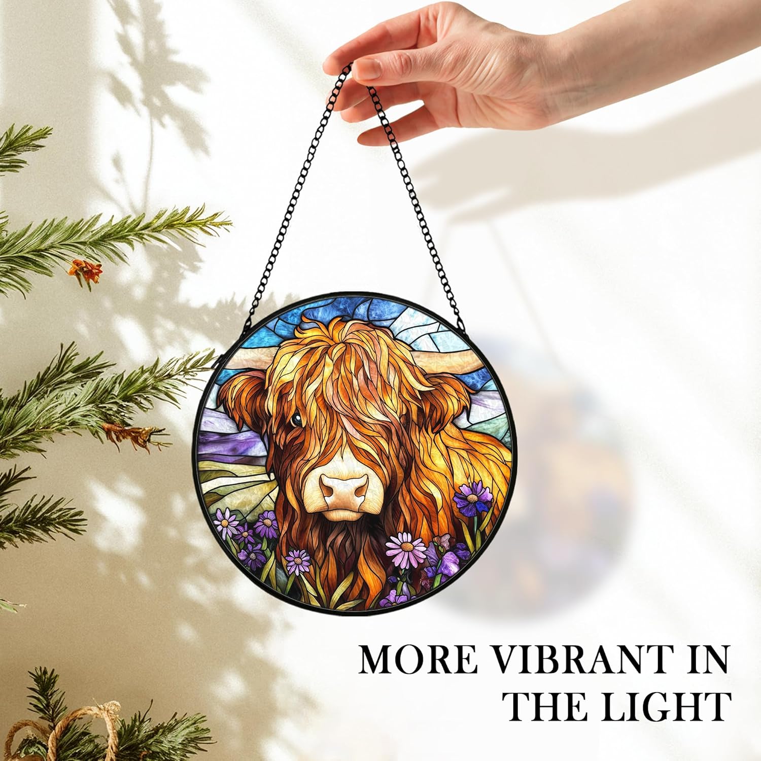 Rustic Western Cow Suncatcher Stained Glass Window Hanging Decor, Farm Animal Cow Stained Glass Wall Decor Gifts, Farmhouse Lawn Garden Sun Catchers Indoor Window Hanging Wall Art, 7.9x7.9In