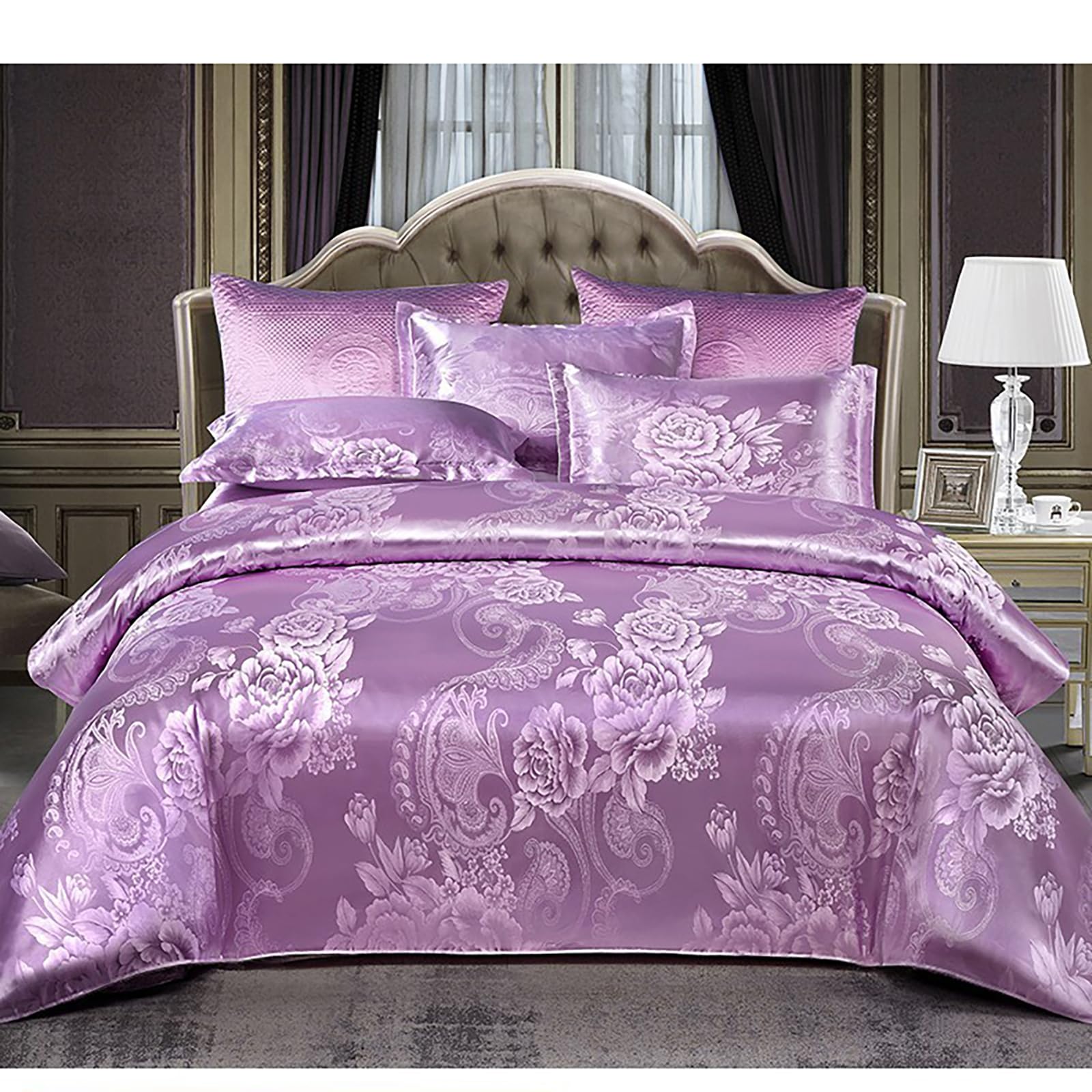 E-yimeng Double Bedding Set Silk Satin Duvet Cover Sets Bohemian Bed Cover with 2 Pillowcases Zipper Luxury Reversible Hotel Quality Easy Care Super Soft Bedding Collections Purple 200x200 cm