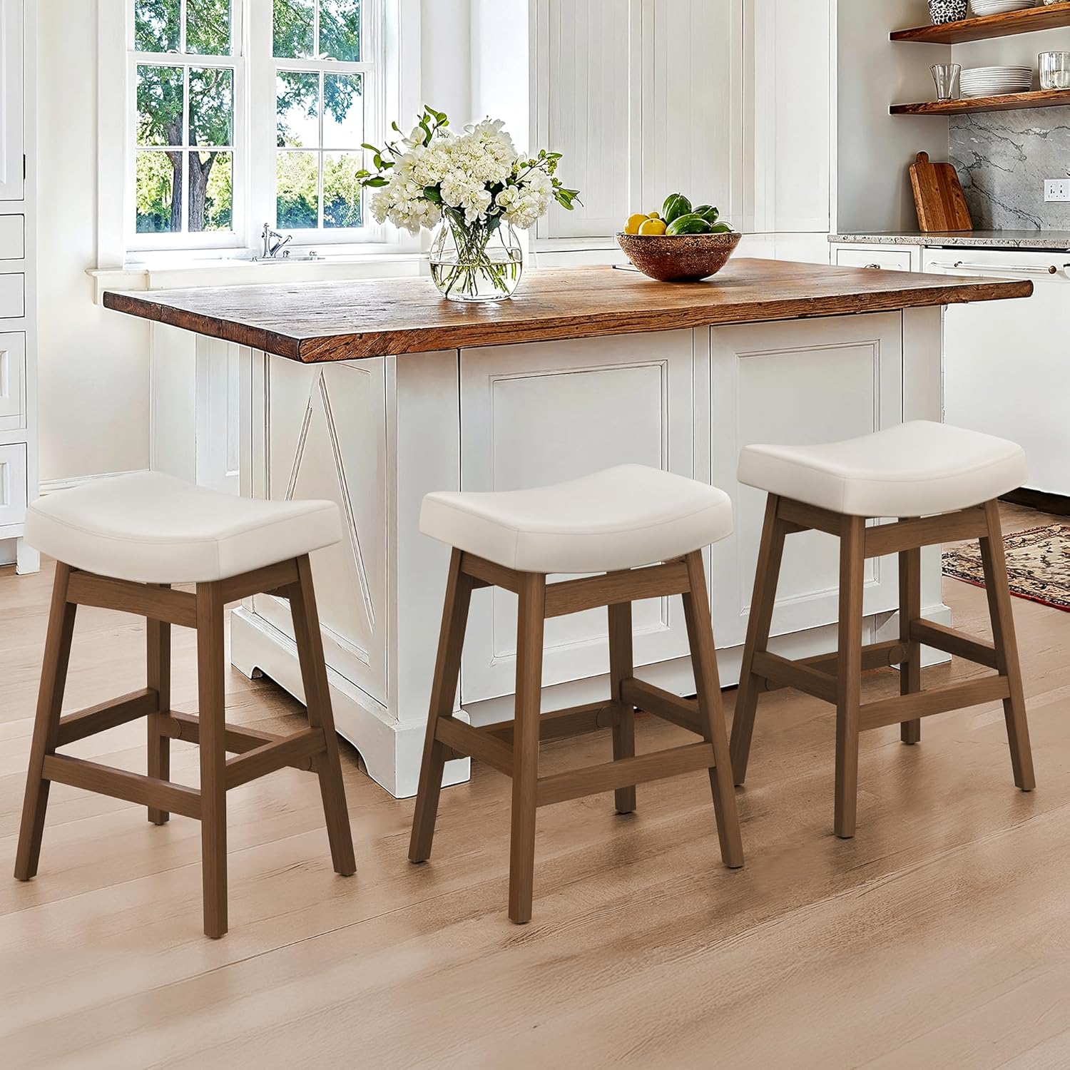 Bar Stools Set of 3 with Saddle Seat & Solid Wood Legs - 24 Inch Counter Height Bar Stools, Beige Fabric Upholstered Kitchen Island Chairs