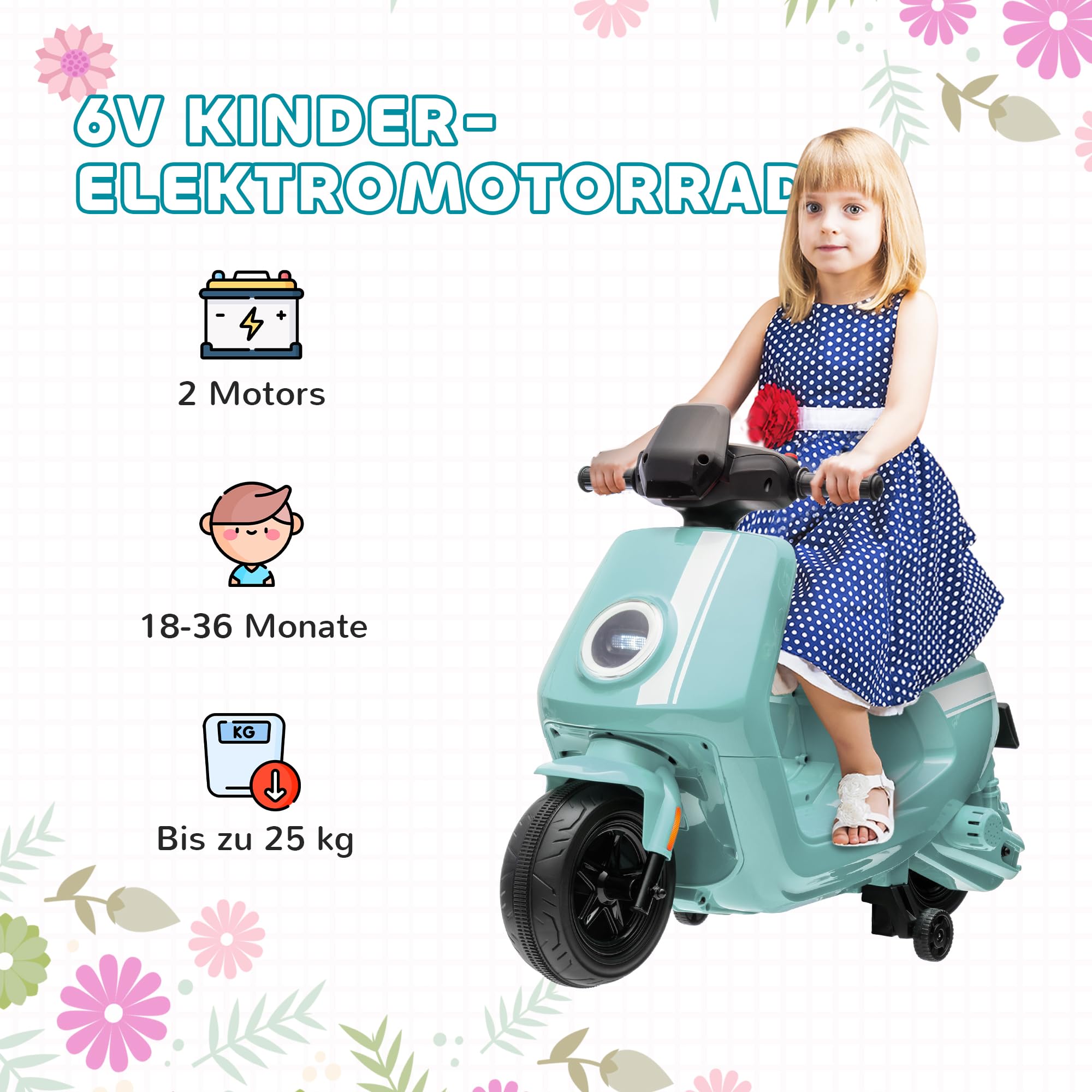 AIYAPLAY Kinder Elektro-Motorrad, 6V Kindermotorrad mit Scheinwerfer, Musik, Vor- und Rückwärtsgang, Trainingsräder, 1,5-3 km/h, Elektromotorrad für 1,5-3 Jahre Kinder, Grün
