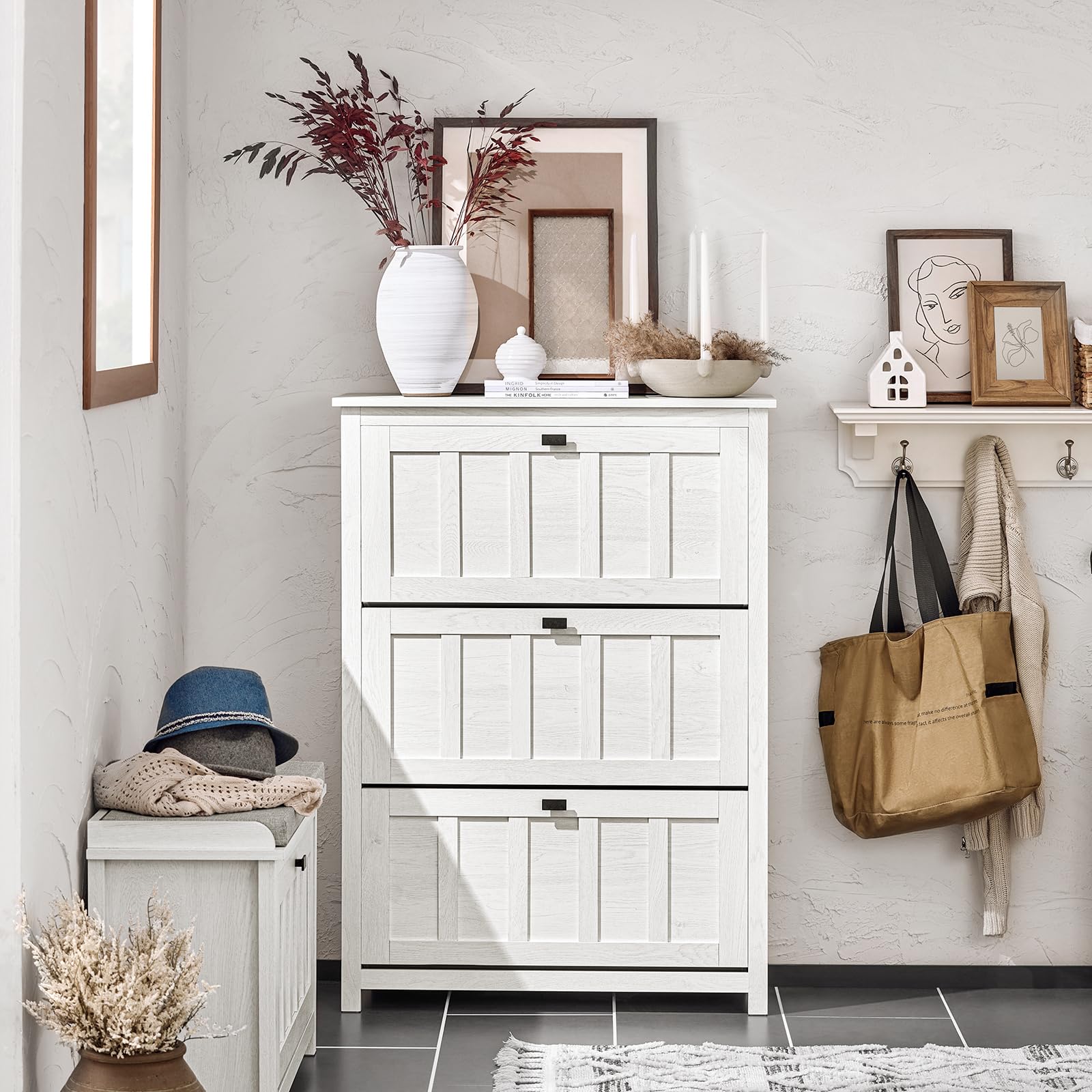 SoBuy Zapatero Estrecho con 3 Solapas 80x30x111cm para recibidor | Mueble zapatero blanco con 3 solapas abatibles, MDF/PB, capacidad 12 pares FSR162-W