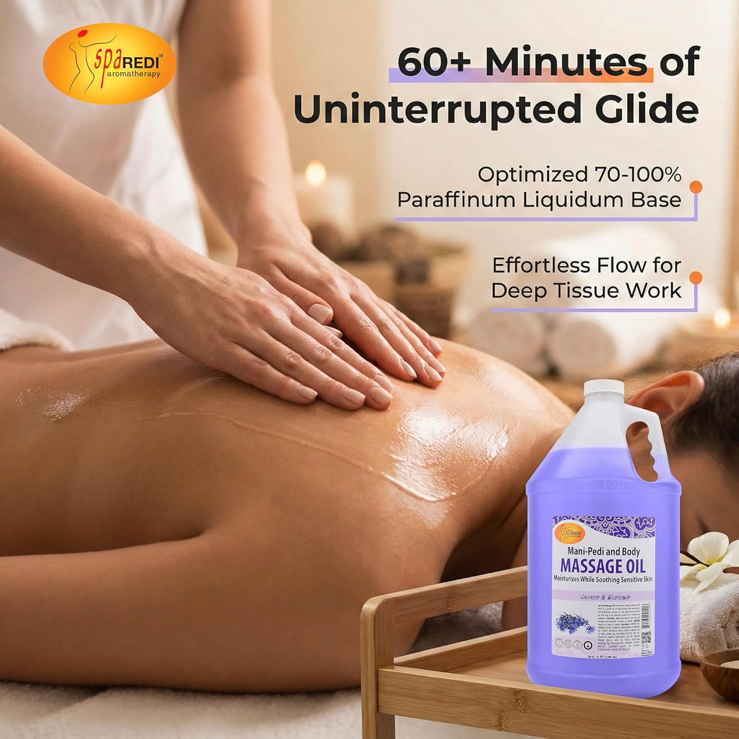 SPA REDI - Massage Oil, Lavender Wildflower, 128 Oz Professional Pedicure, Manicure, Full Body Massage Therapy, with Almond Oil, Cotton Seed Oil, Sunflower Oil, Avocado Oil, Essential Oils, Vitamin E
