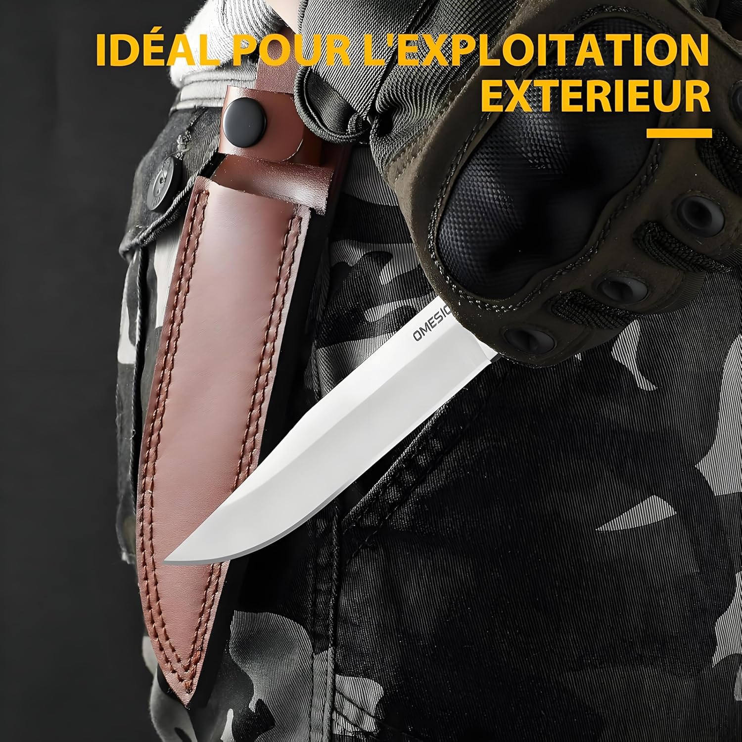Omesio Coltello Da Sopravvivenza Outdoor Coltello Da Caccia Coltello Outdoor con Fodero in Pelle Coltello Da Giungla con Lama Affilata Robusto Per La Sopravvivenza e Il Campeggio Manico in Legno