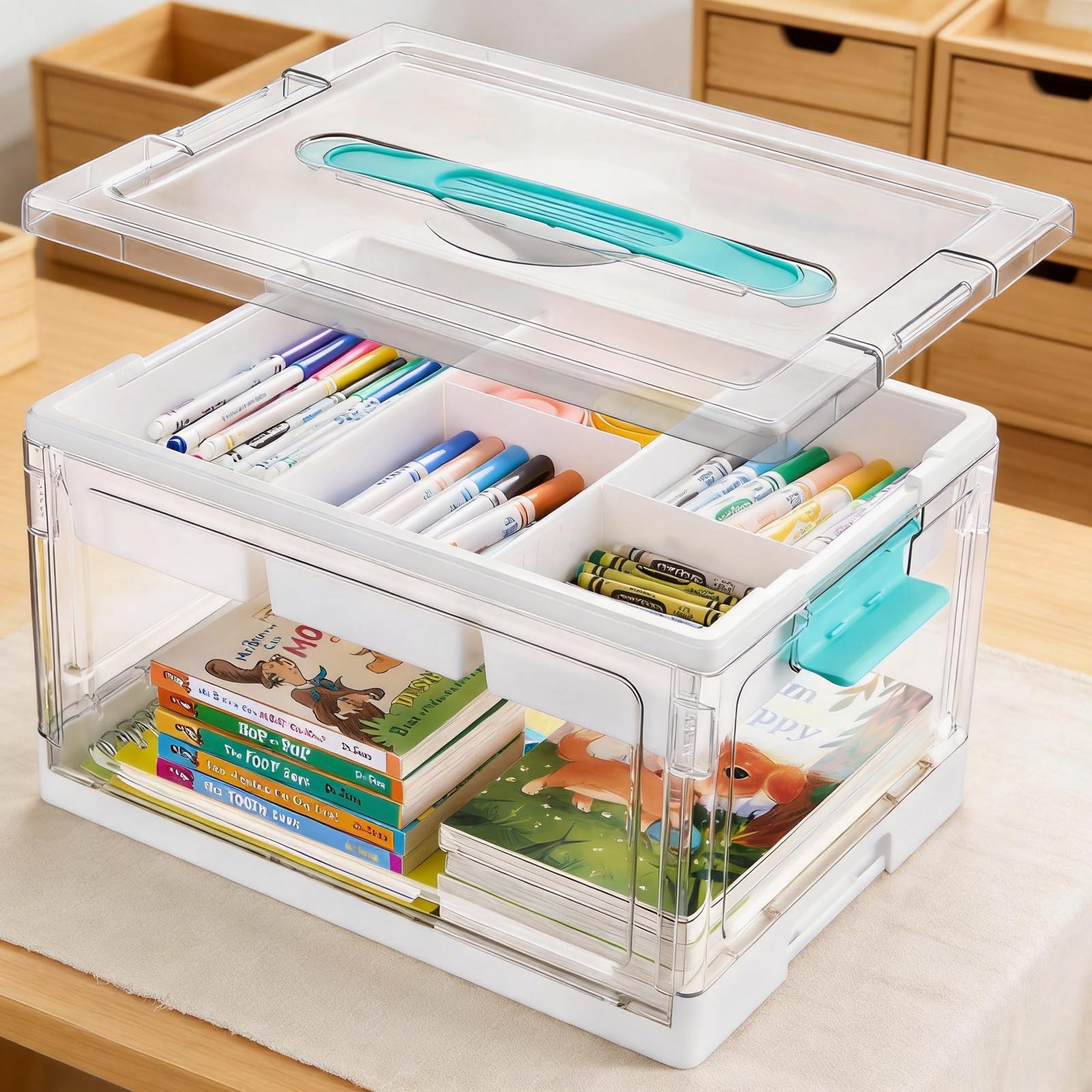 Good Clearness Bastelbox mit Fächern für Bücher und Zubehör, stapelbare Aufbewahrung für den Haushalt, Aufbewahrungsbox