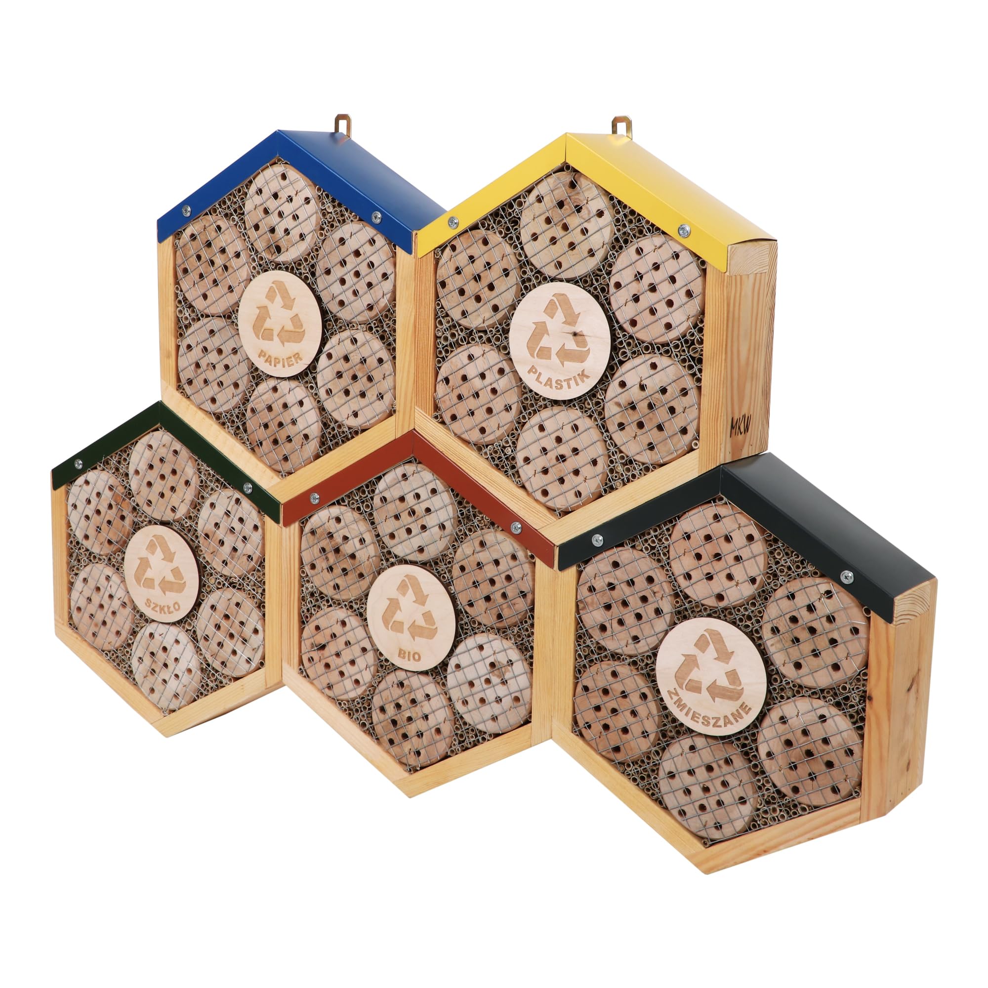 Mittelgroßes Insektenhotel Honigwabe MKW aus Holz mit Recycling-Motiv - Insektenhaus aus massivem Laub- und Nadelholz - Wetterfest - für Wildbienen & Marienkäfer - Schutz für viele nützliche Insekten