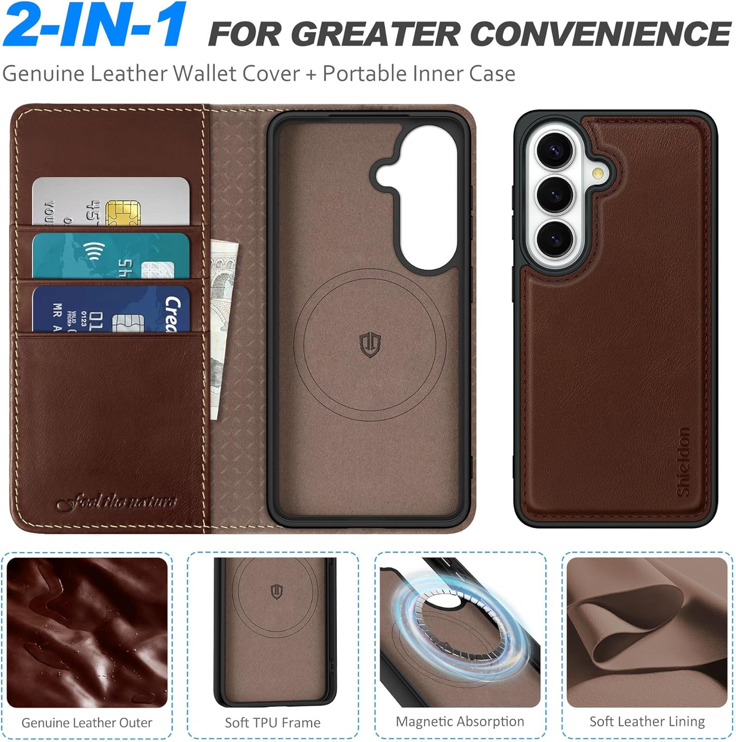 SHIELDON Wallet Case for Galaxy S26 6.3-inch 5G, 2-in-1 Detachable, Genuine Leather, Wireless Charging, Magnetic, RFID Blocking Credit Card Holder, Kickstand, Full Protective Cover - Retro Coffee