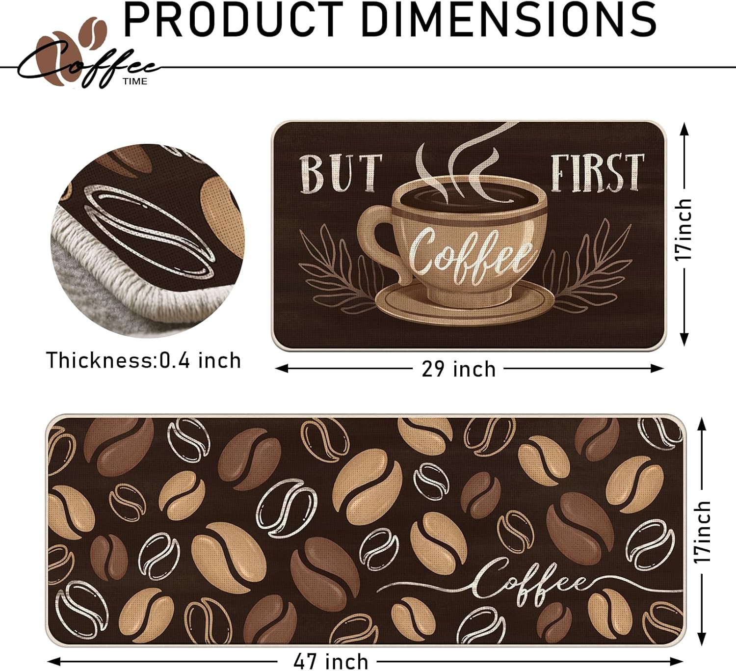 But First Coffee Themed Kitchen Rugs Set of 2, Coffee Bean Brown Kitchen Mats Decor, Bar Cafe Floor Door Mat Home Decorations - 17x29 and 17x47 Inch