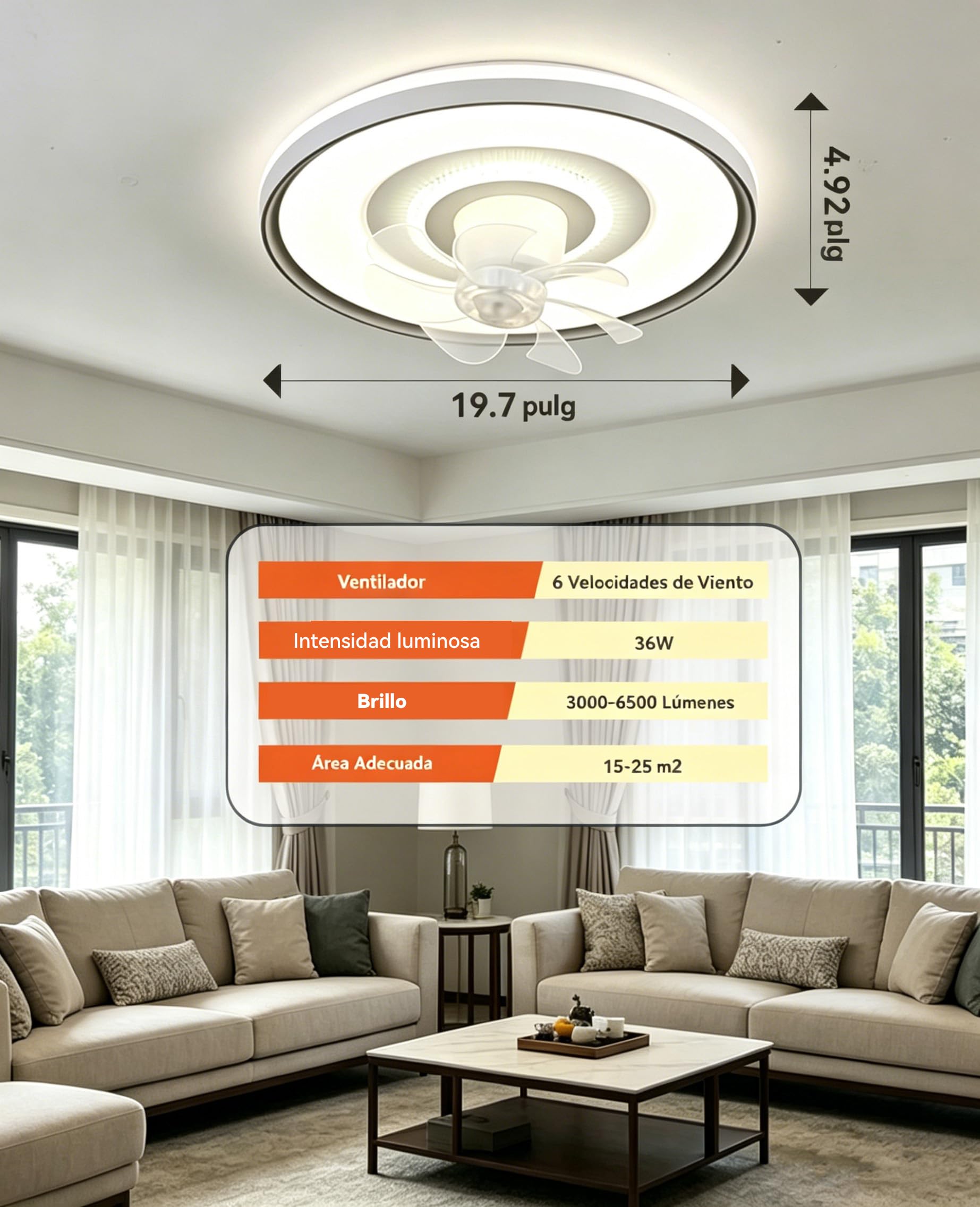 50cm ventilador de techo con luz silencioso cabezal giratorio lampara ventilador techo dormitorio 6 velocidades,3000 K-6500 K regulable mando distancia aplicación para salón, dormitorio la oficina