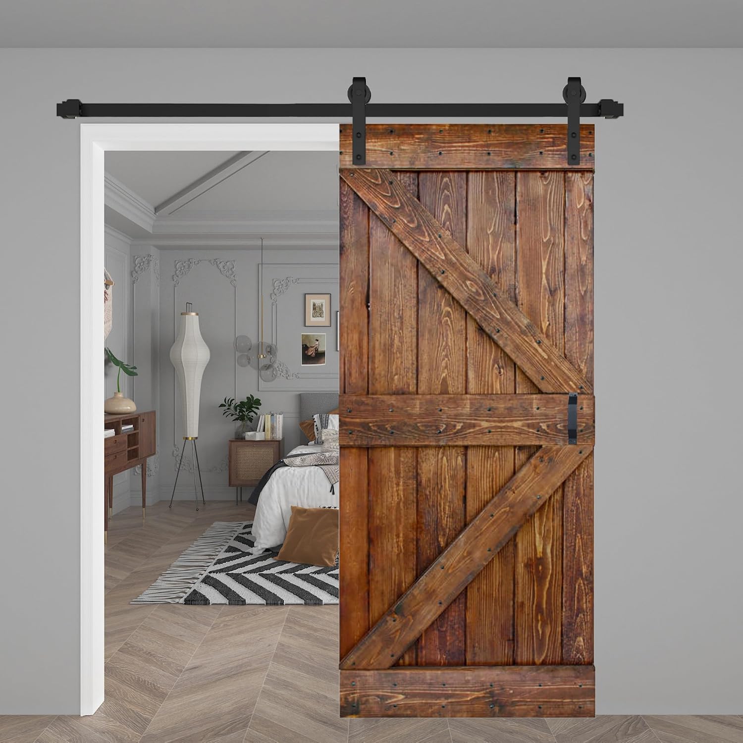 K Series 36in x 84in Classic Walnut Finished Solid Wood Barn Door with Hardware Track - Assembly Needed