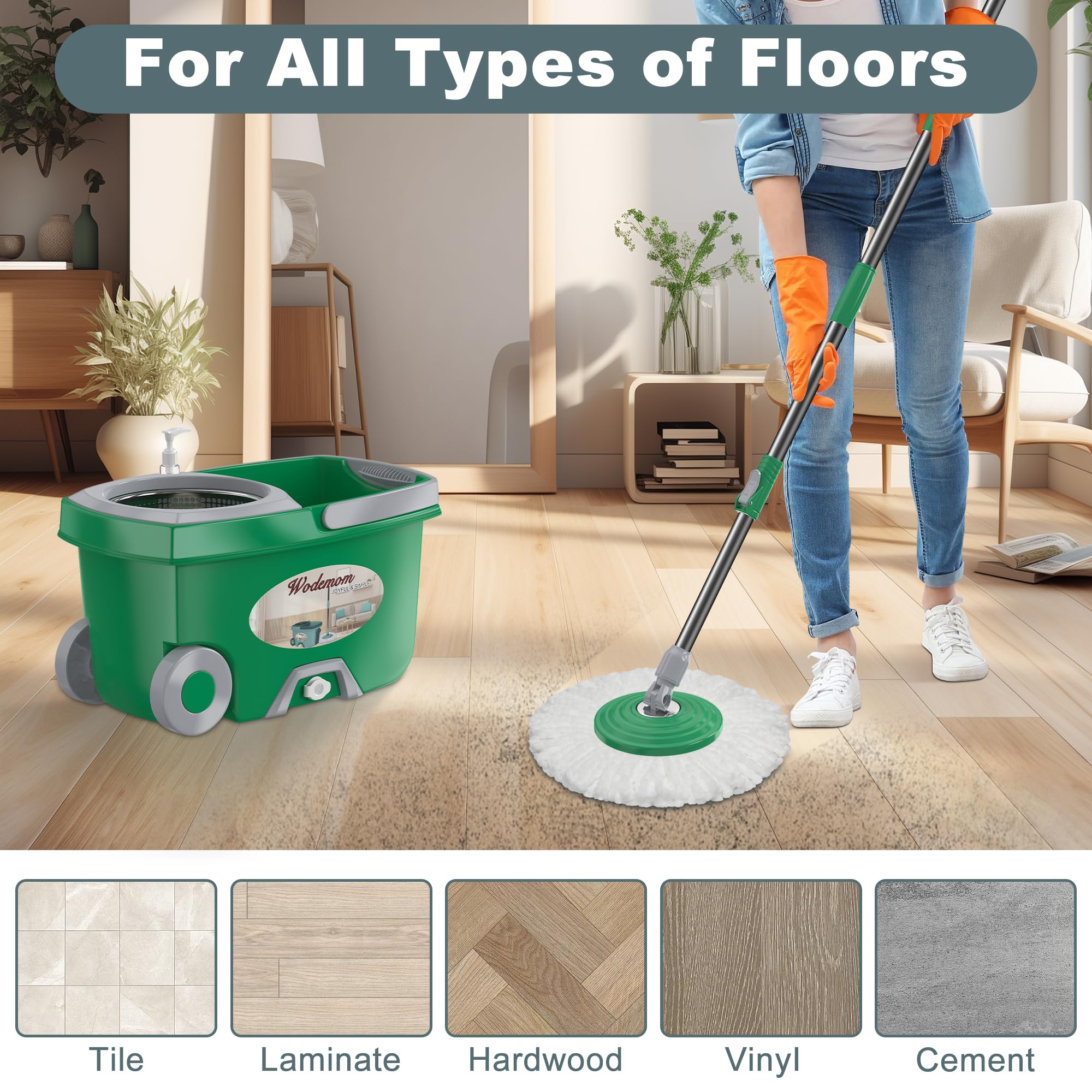 Mopa giratoria de doble compartimento y cubo, fregona y cubo con juego de escurridor, fregona giratoria de 360° para limpieza de suelos con 6 cabezales de repuesto de microfibra, mango extendido de 61