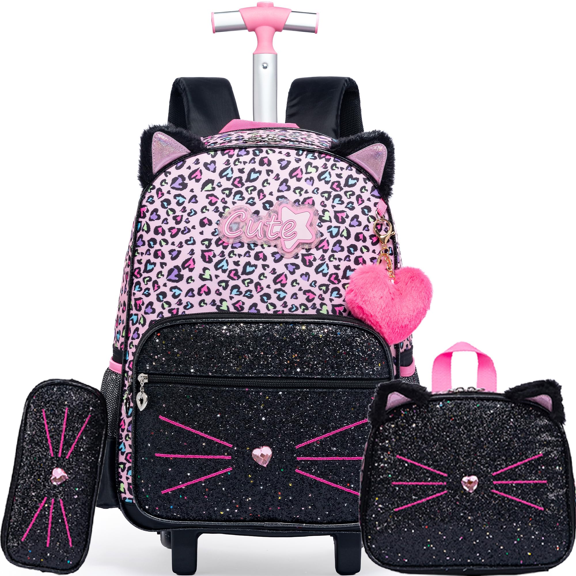 Meetbelify Rolling Backpack for Girls Backpack with Wheels for Elementary Student Kids School Bag with Lunch Box Pencil Case for Girls Ages 6-8 Years