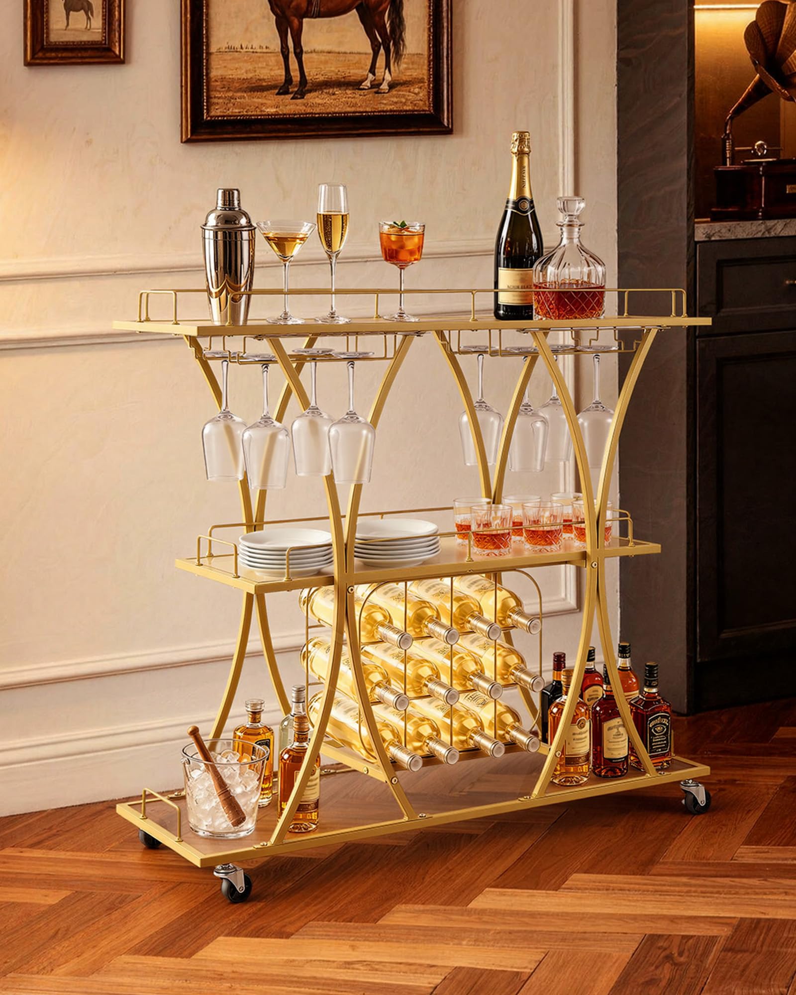 VEVOR Carro de Bebidas con Botellero de 3 Niveles, Carrito de Servicio con Ruedas, Estantes de Vidrio Espejado, Soporte para Copas, para Sala de Estar, Comedor, Cocina, 100 x 35 x 94 cm, Dorado