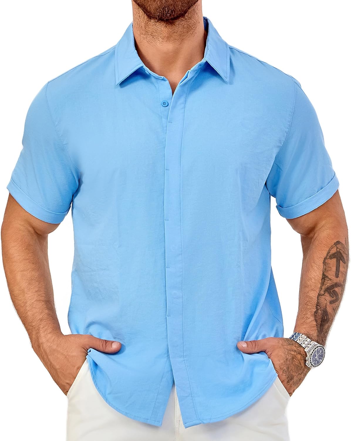 Men's Short Sleeve Button Down Shirt Lightweight Stretch Blend Summer Shirts Casual Vacation Beach Tops - Image 2