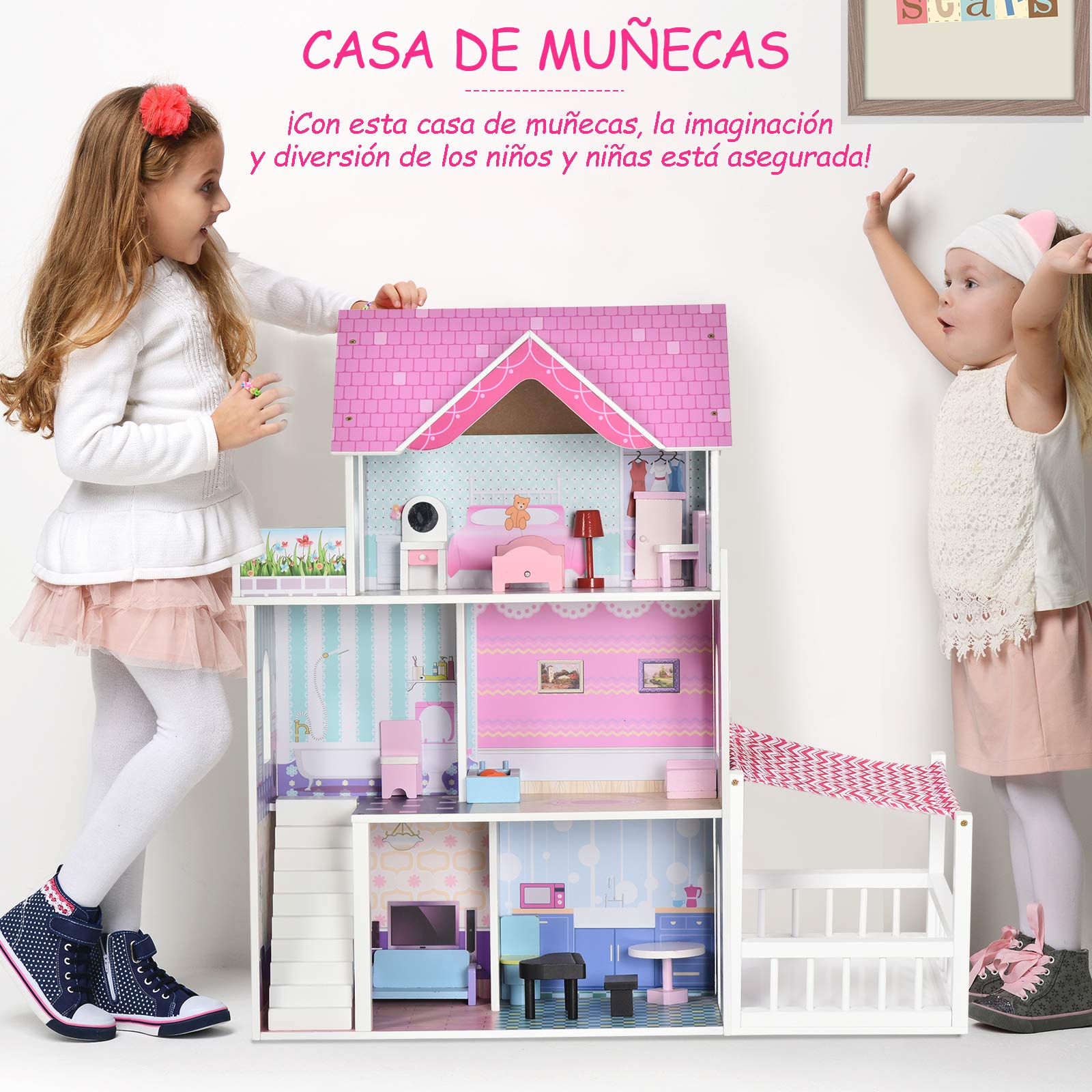 HOMCOM Casa de Muñecas de Madera de 3 Pisos con Patio 86x30x87 cm Rosa | Muebles y Accesorios de 13 Piezas, Diseño Lindo, Casita de Muñecas de Juguete