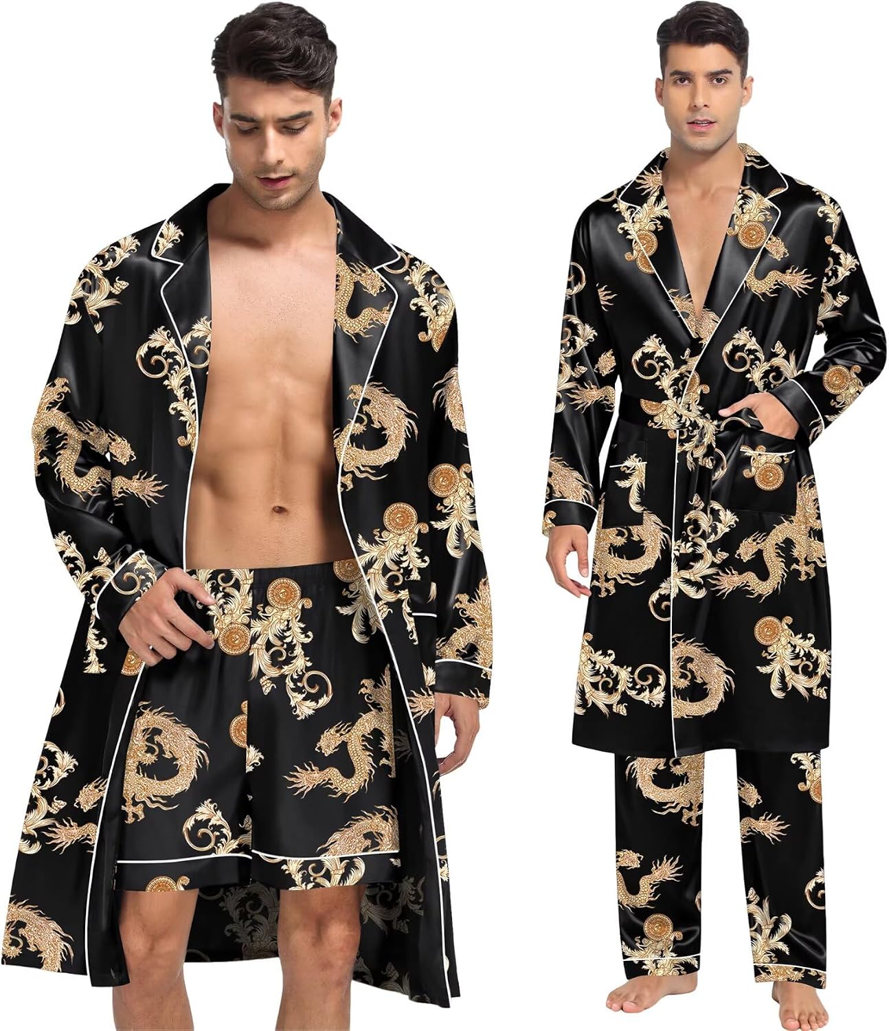 SWOMOG Men's 3 Pcs Robe Silk Satin Bathrobe with Shorts&Pants Set Soft Sleepwear Lightweight Loungewear