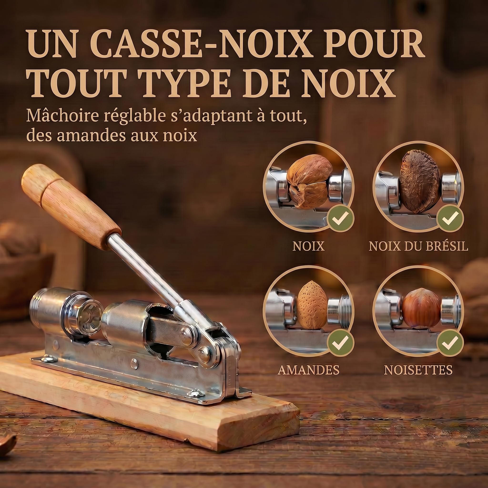 Casse-noisettes au design nostalgique Casse-noisettes en acier inoxydable avec fonction de levier ; ouverture des noix réglable en taille et en puissance.