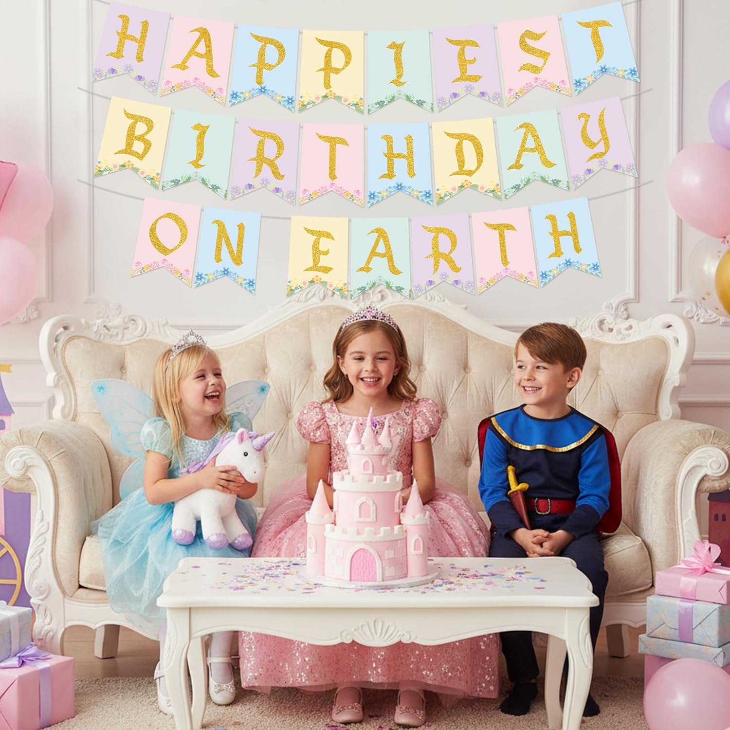 Colorful Happiest Birthday on Earth Banner - Pre-Strung Princess Theme Happy Birthday Party Decoration, Funny Princess Party Supplies for Girls Kids - Image 5